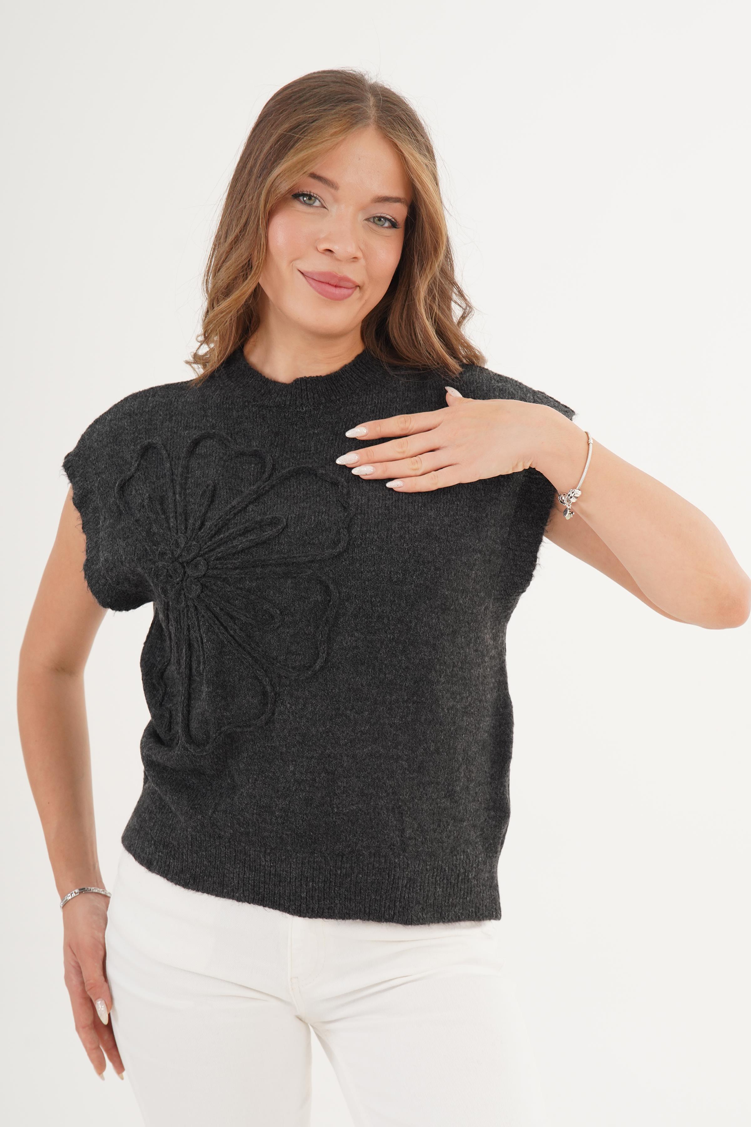 Papatya Desenli Toptan Antrasit Triko Süveter