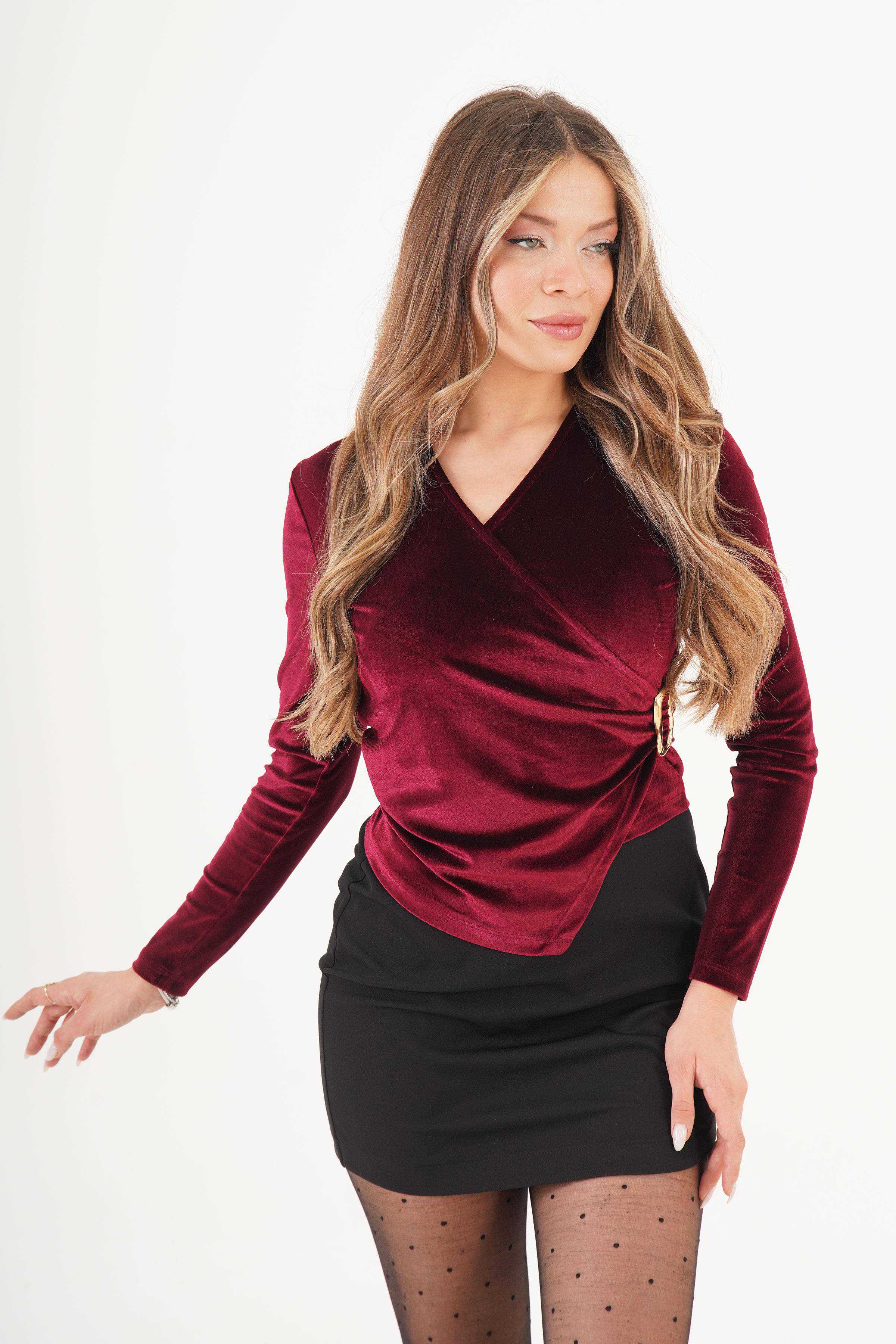 Yandan Tokalı Kadife Bordo Toptan Bluz