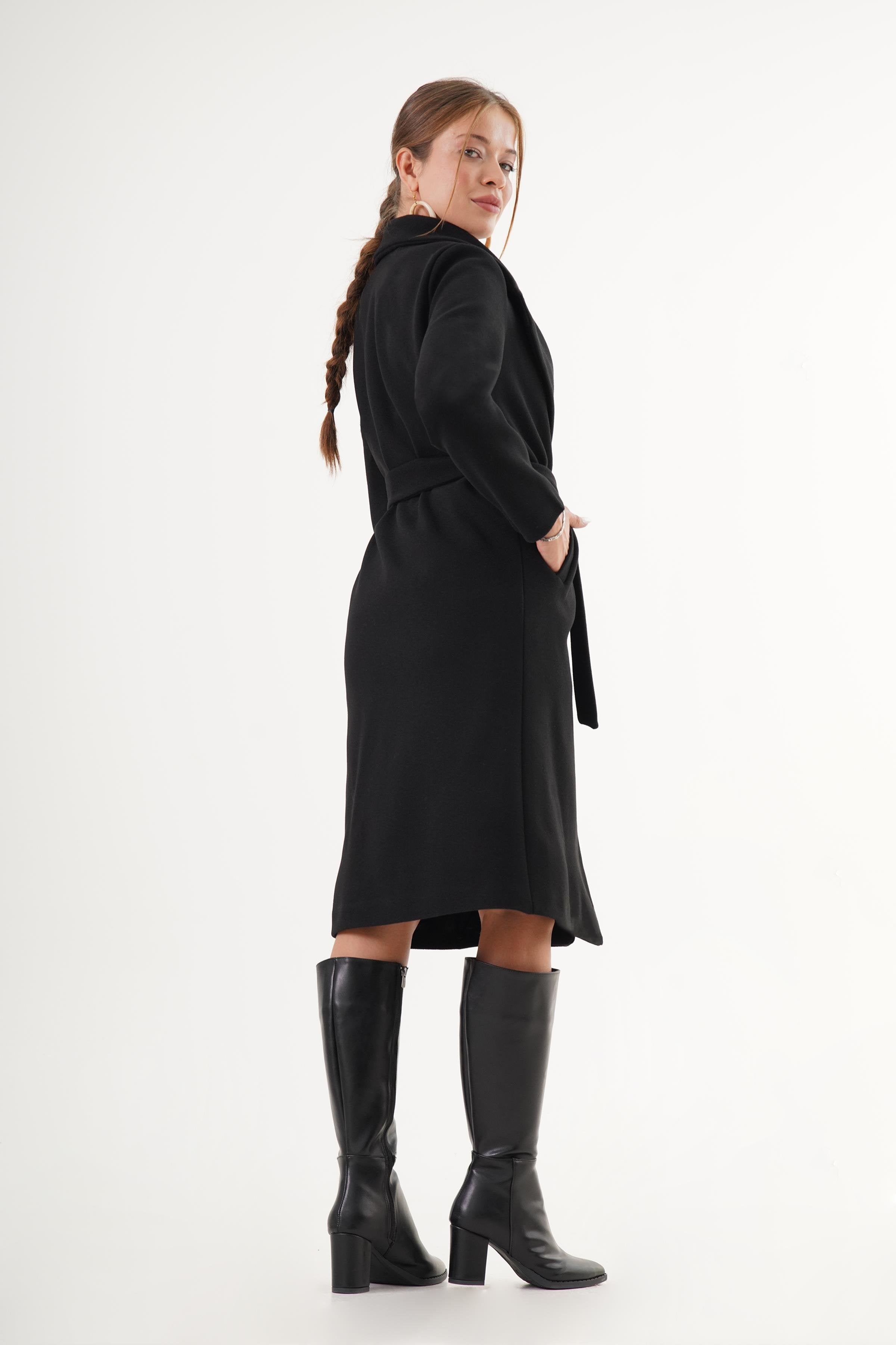 Beli Kuşaklı Astarlı Toptan Siyah Kaşe Kaban