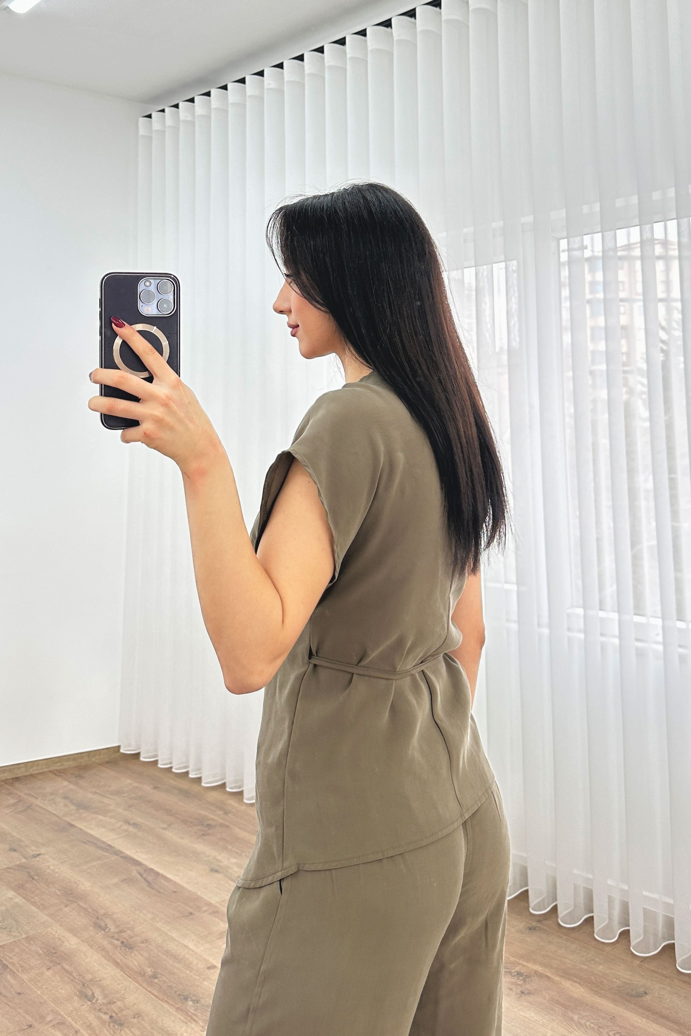Modal Tek Düğme Kapamalı Oversize Haki Toptan Takım