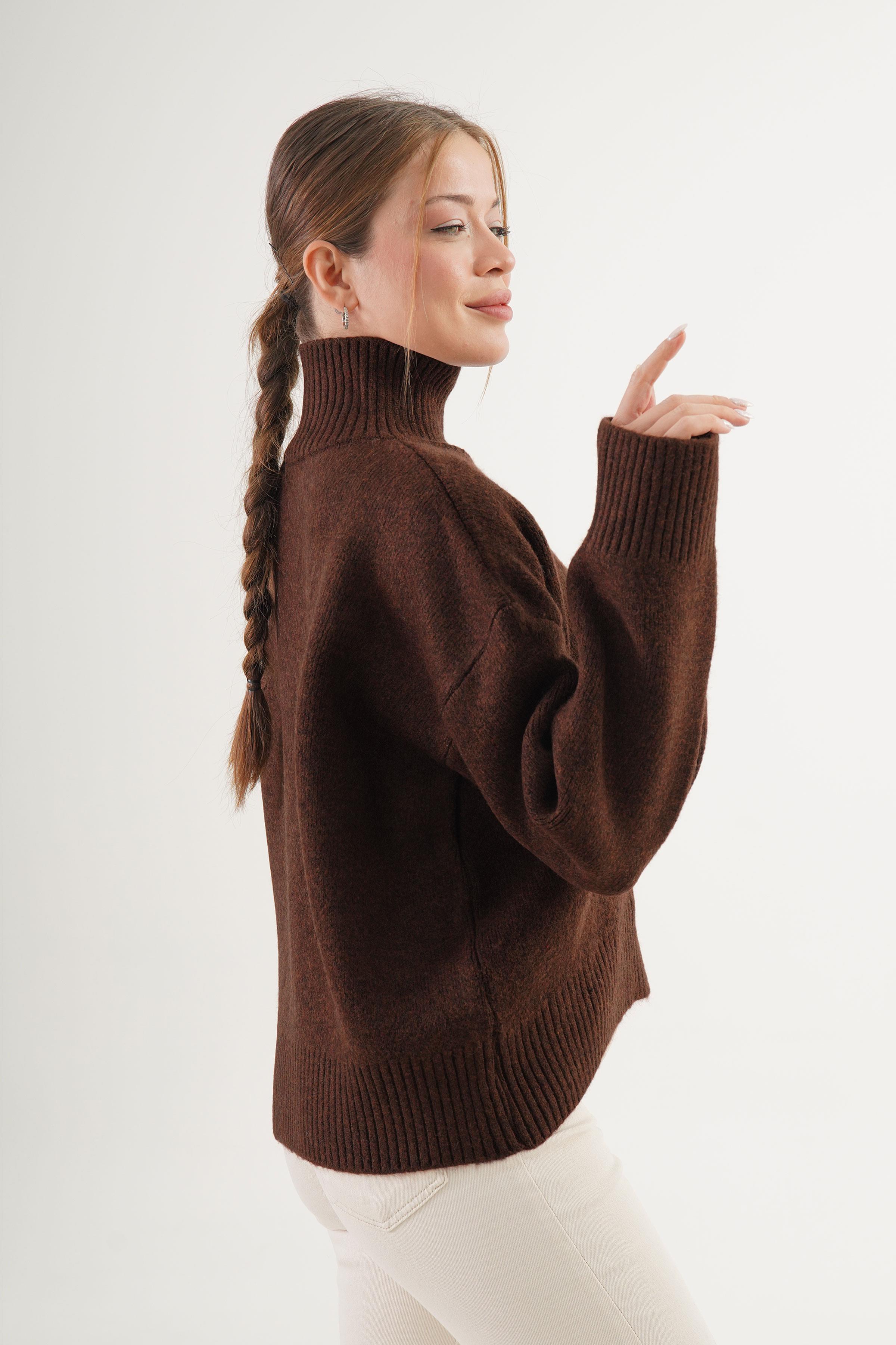 Yarım Balıkçı Yaka Kalın Toptan Kahve Triko Kazak