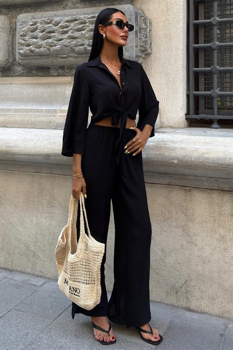 Bağlamalı Gömlek ve Yırtmaç Pantolonlu Ayrobin Takım 10179 SİYAH L