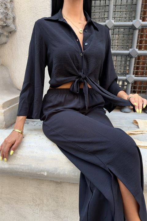 Bağlamalı Gömlek ve Yırtmaç Pantolonlu Ayrobin Takım 10179