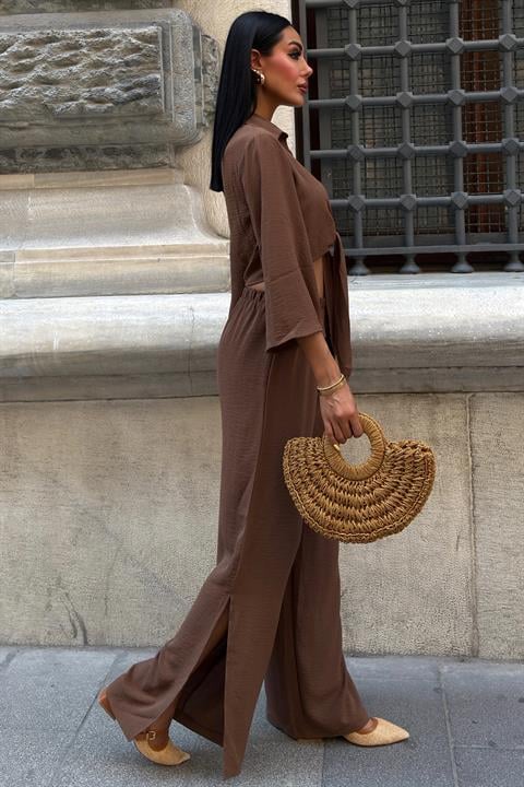 Bağlamalı Gömlek ve Yırtmaç Pantolonlu Ayrobin Takım 10179