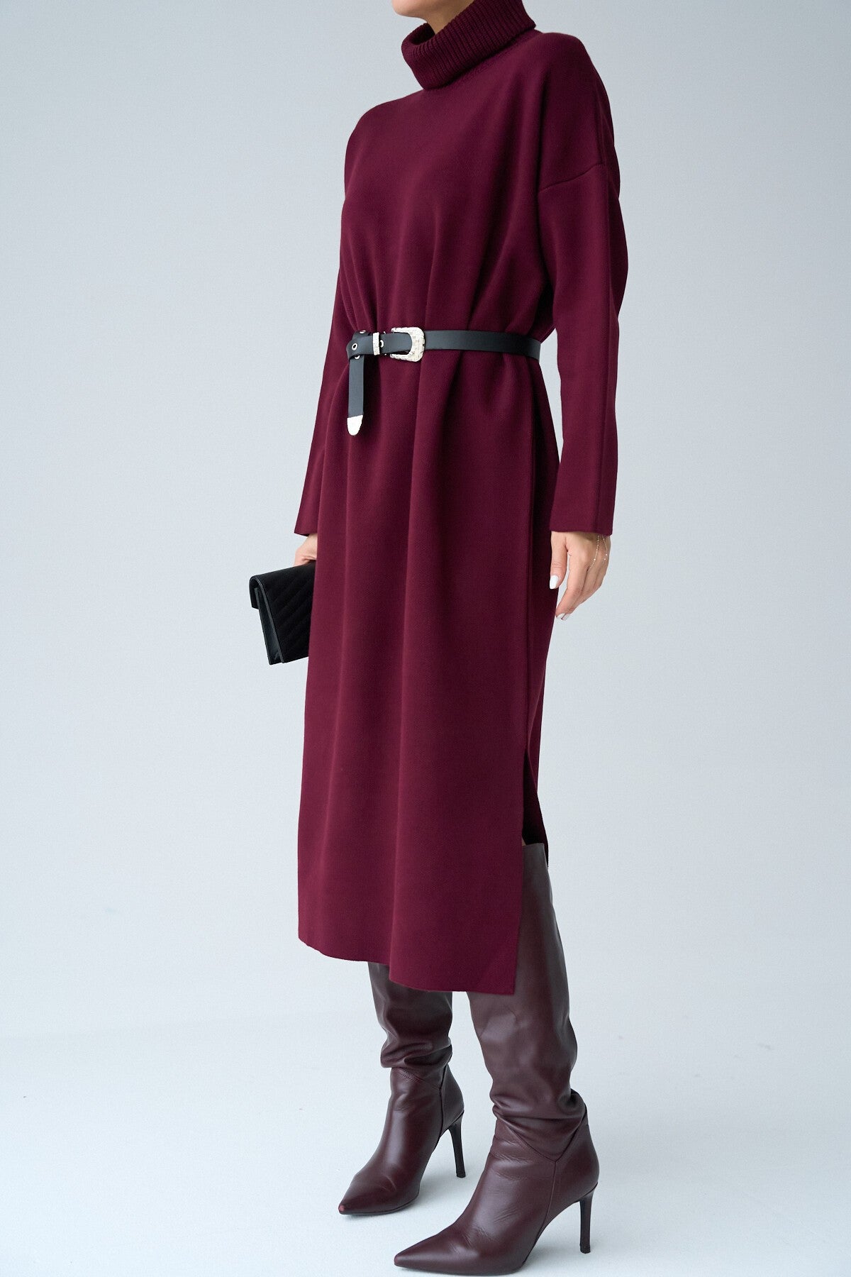 Burgundy Turtleneck Belted Dress