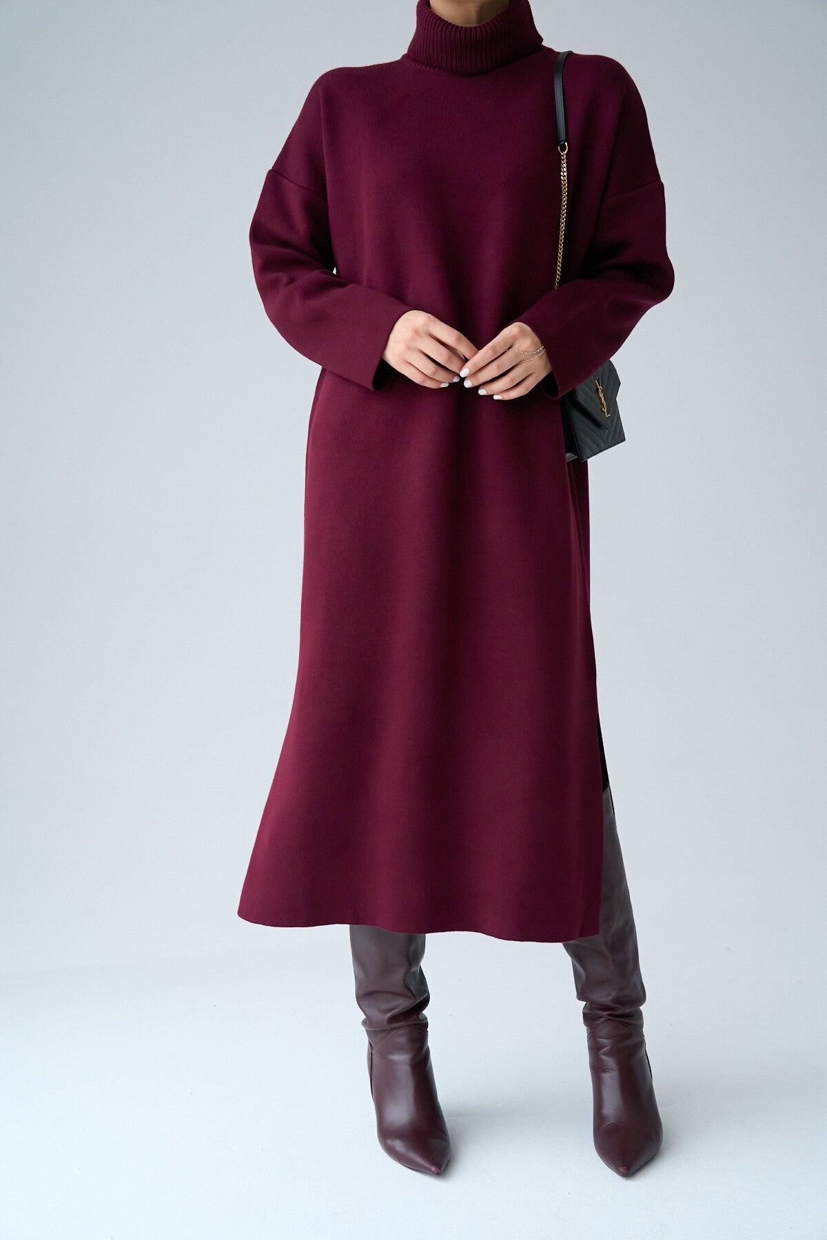 Burgundy Turtleneck Belted Dress