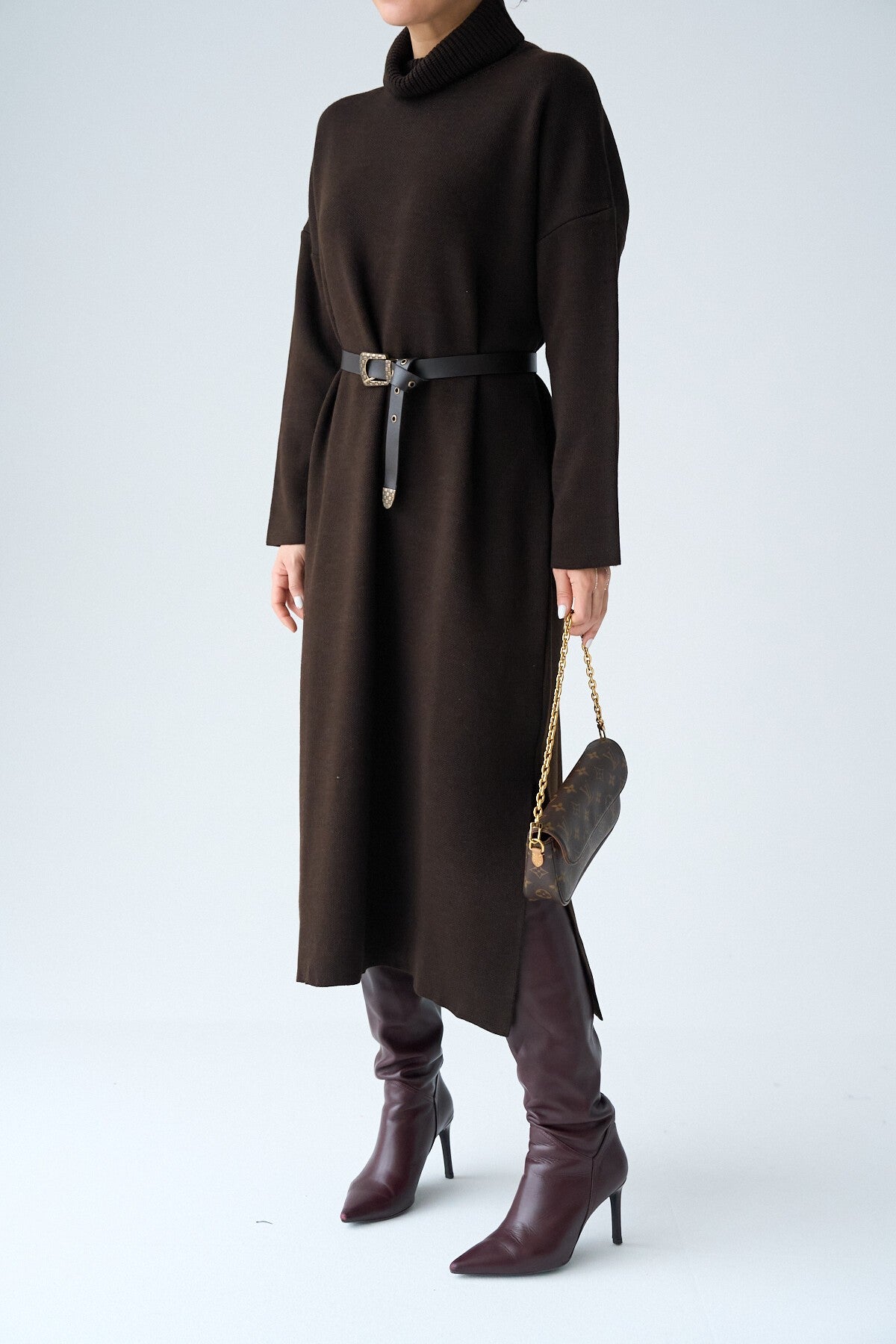 Dark Brown Turtleneck Belted Dress