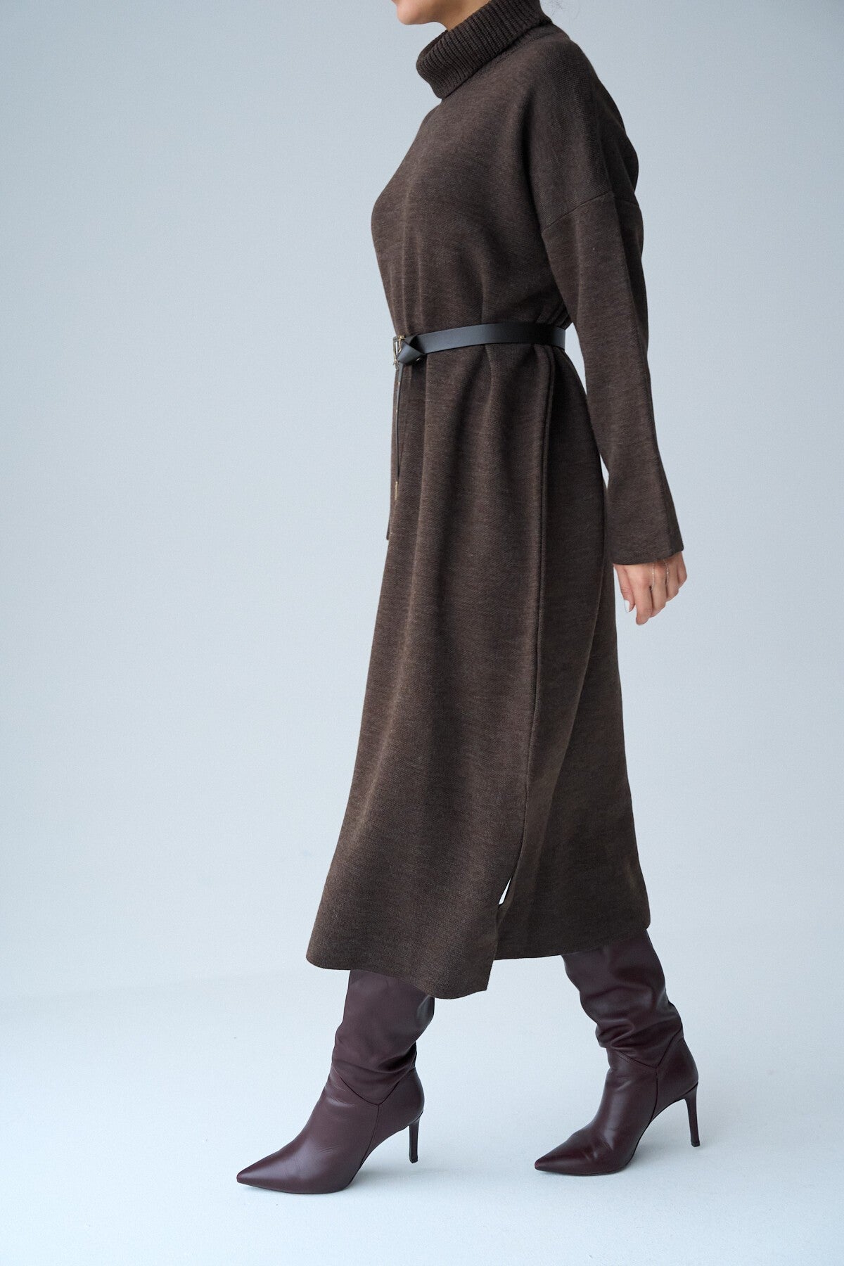 COFFEE Fisherman Collar Belted Dress