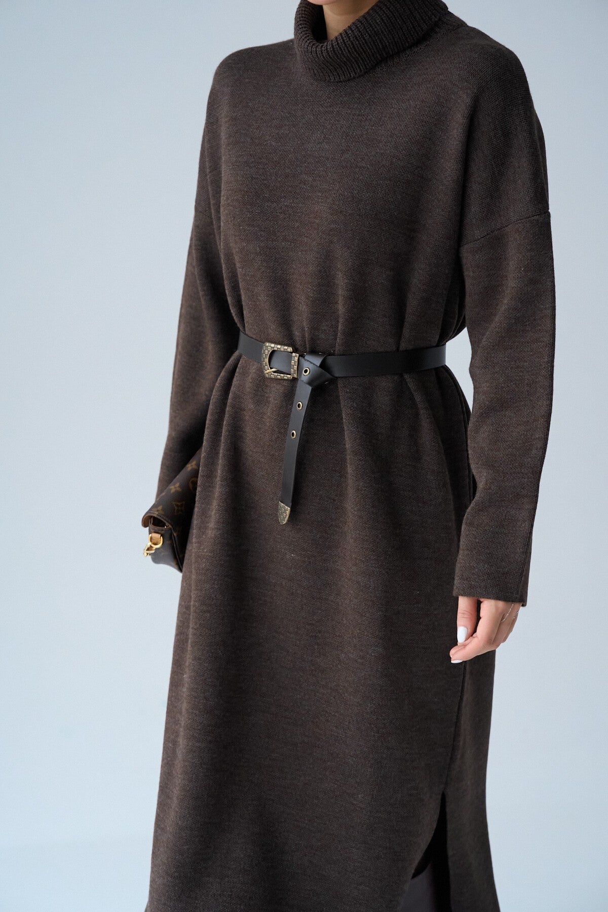 COFFEE Fisherman Collar Belted Dress