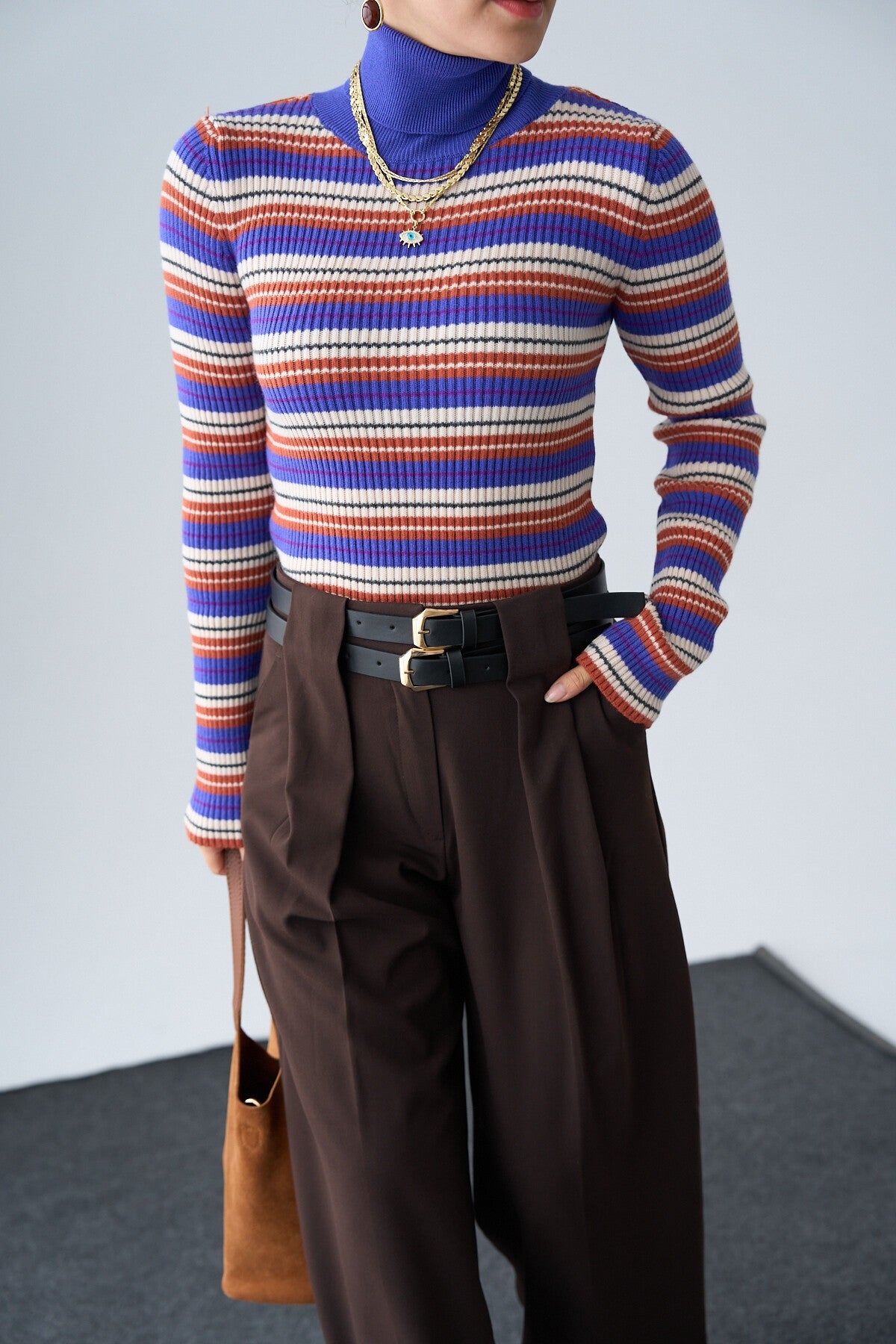 Turkish Navy-Purple Fisherman Ribbed Turtleneck Sweater