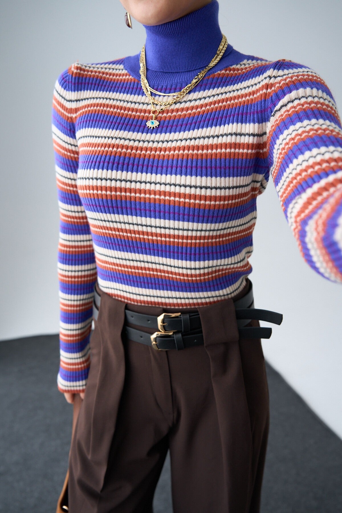 Turkish Navy-Purple Fisherman Ribbed Turtleneck Sweater