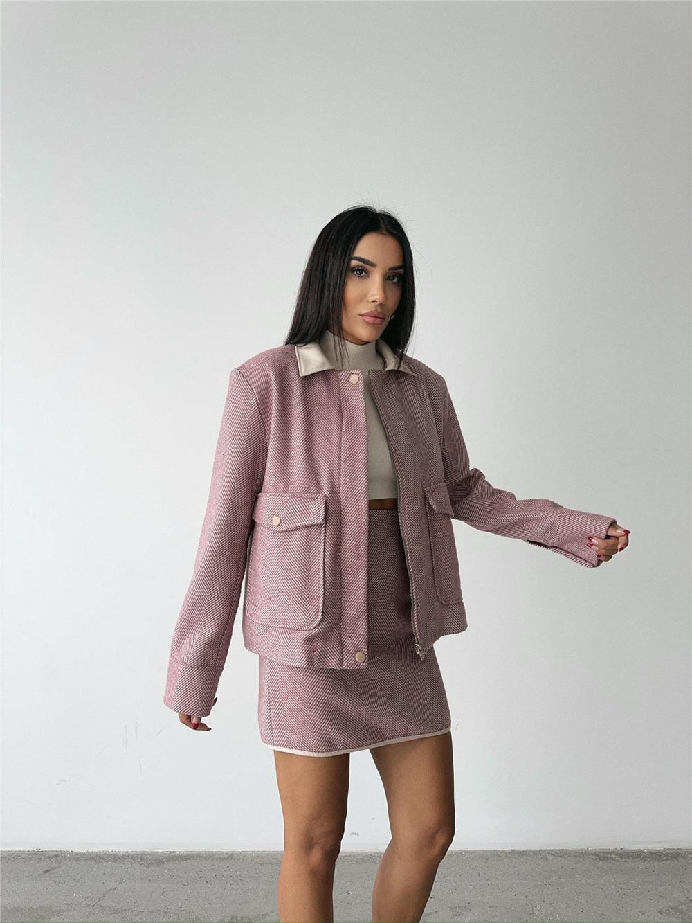 BALIKSIRTI KAŞE FERMUARLI CEKET KISA - Gül Kurusu