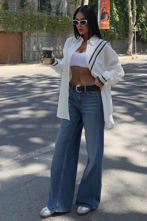 Bant Detaylı Oversize Poplin Gömlek 3436