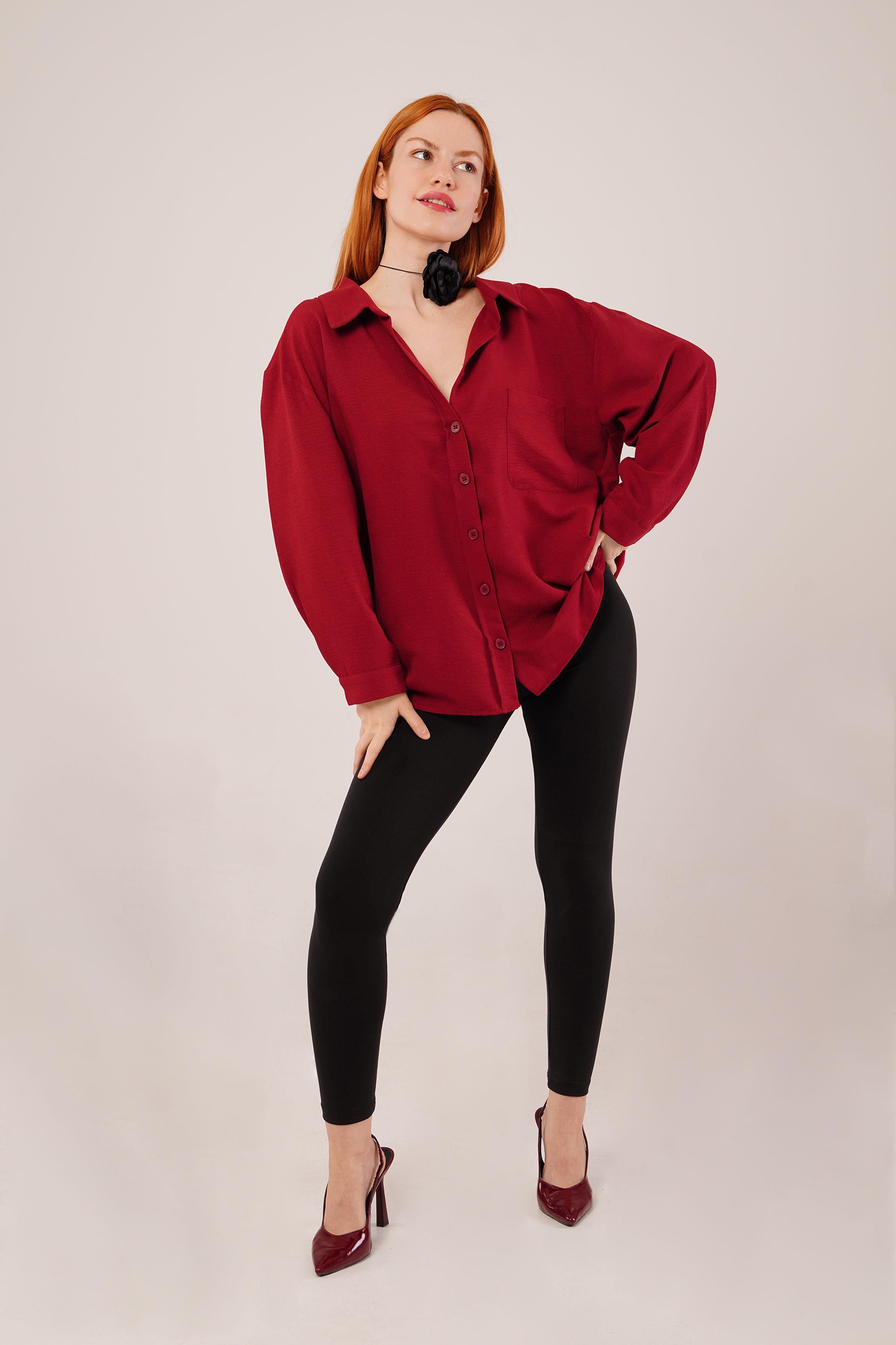 Basic Oversize Bordo Toptan Gömlek