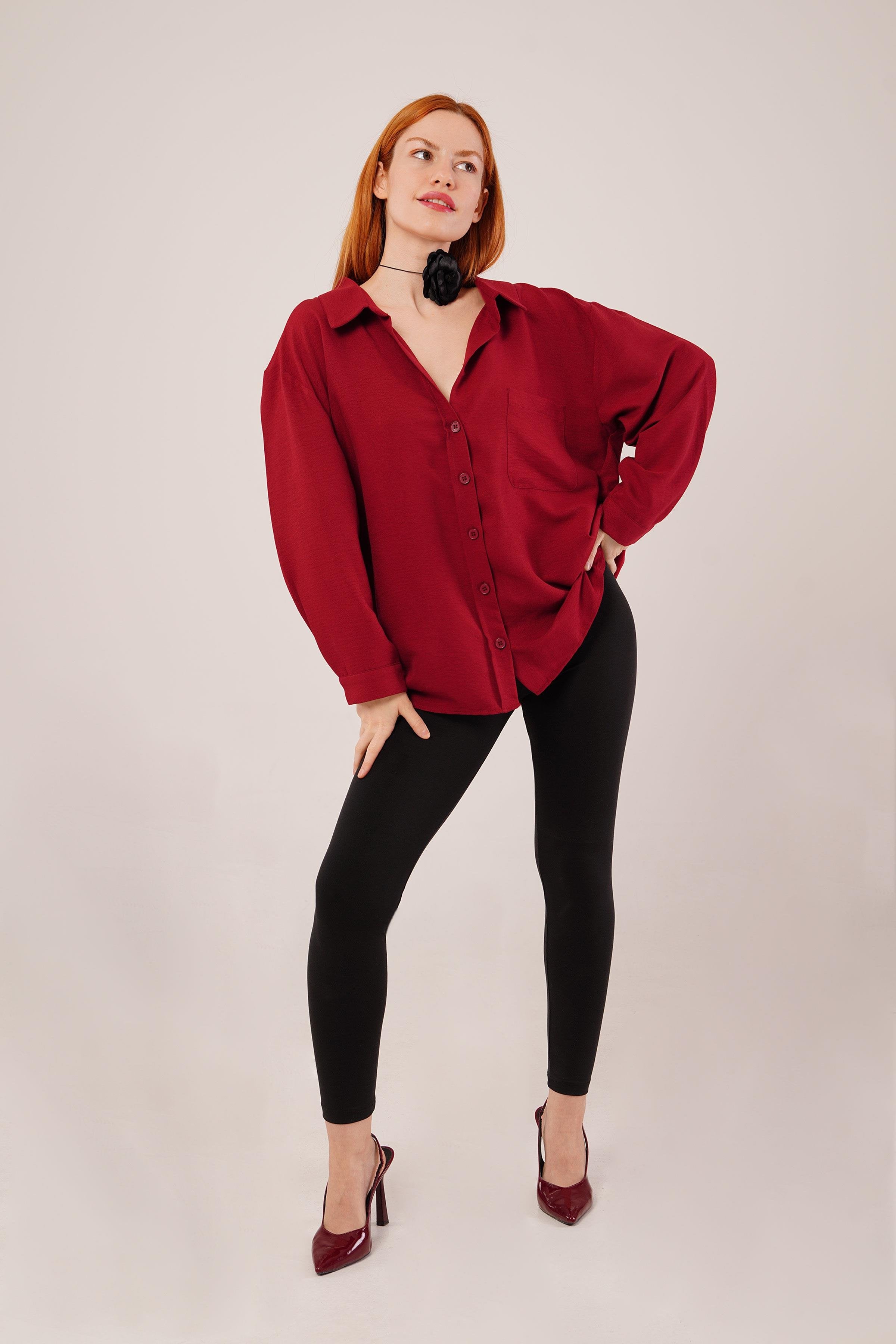 Basic Oversize Bordo Toptan Gömlek