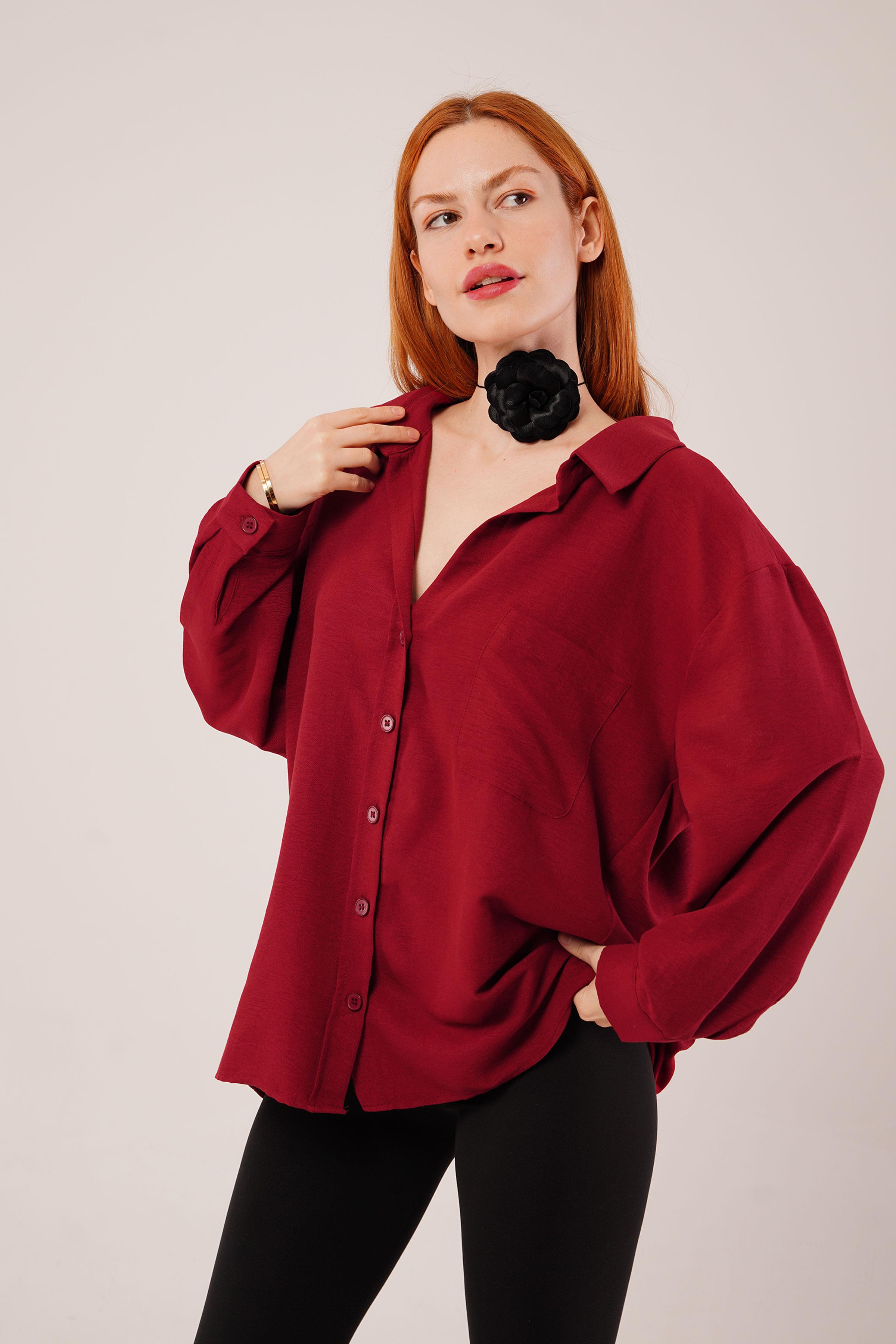 Basic Oversize Bordo Toptan Gömlek