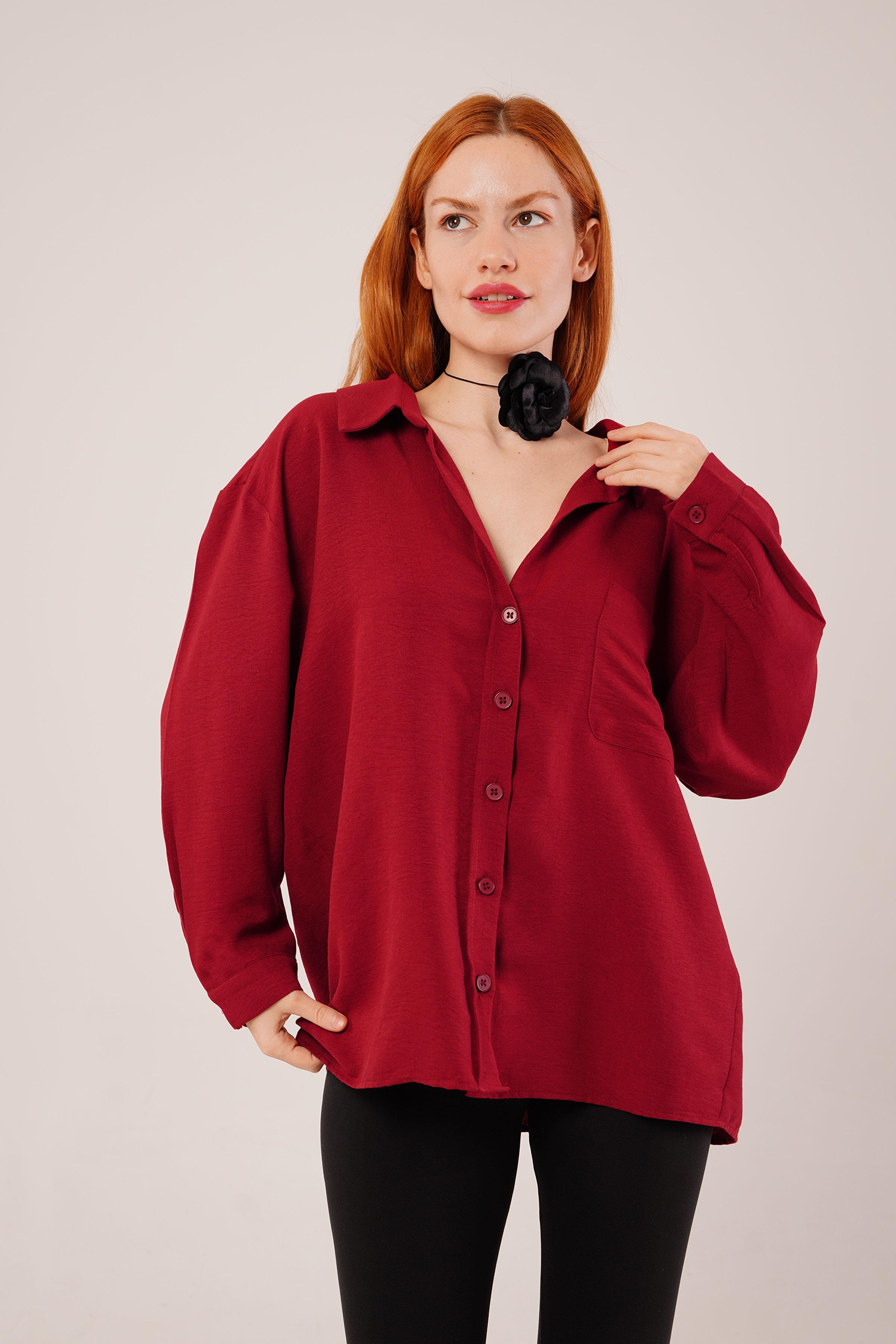 Basic Oversize Bordo Toptan Gömlek