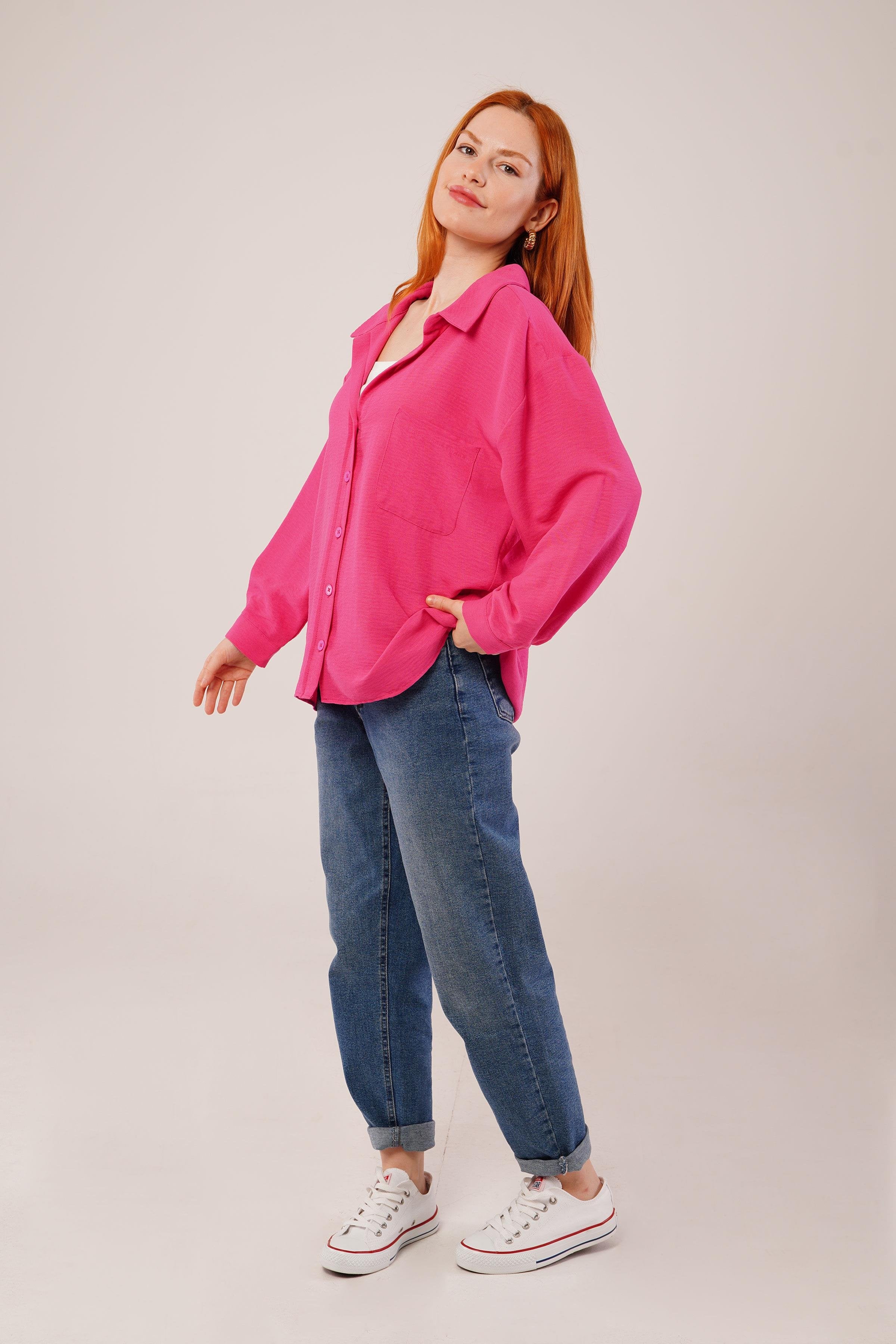 Basic Oversize Fuşya Toptan Gömlek