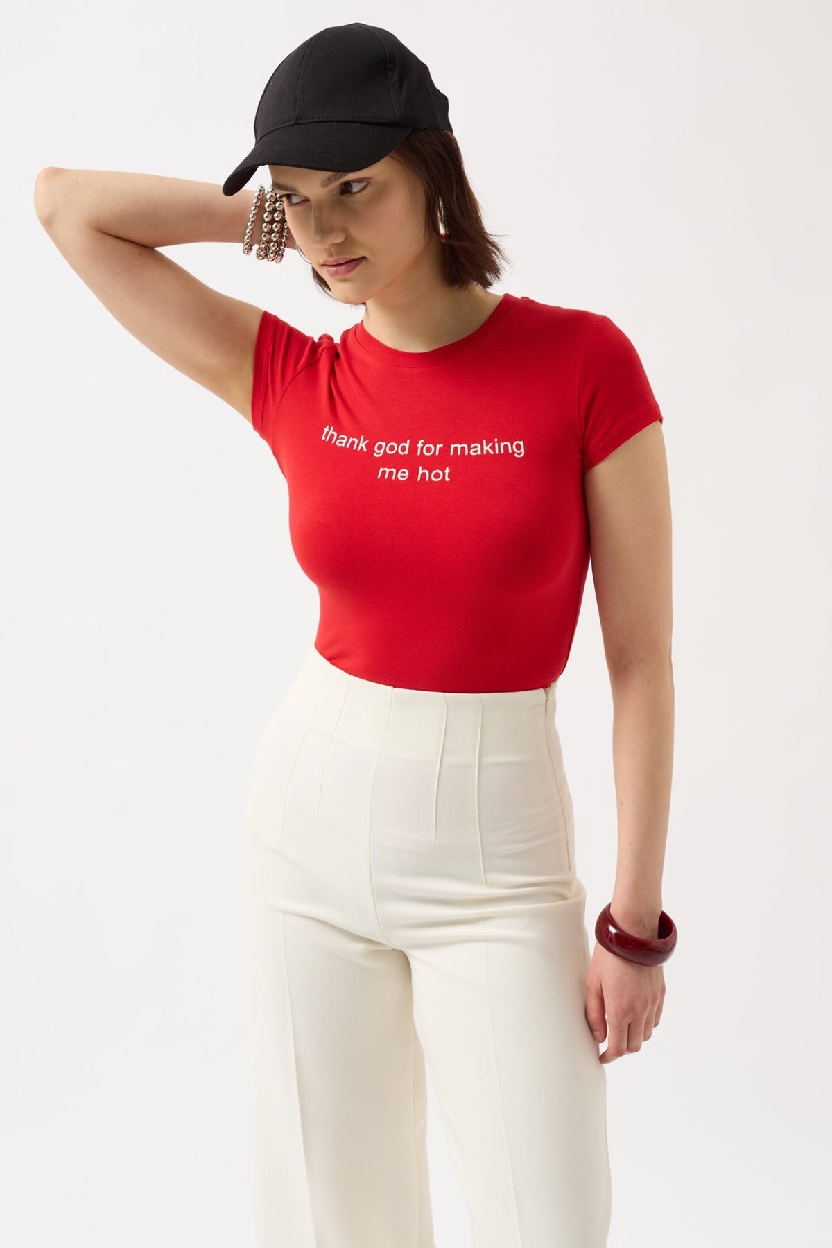 Thanks God Baskılı Likralı Crop T-Shirt - Kırmızı