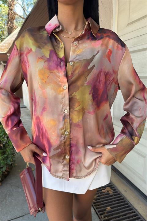 Batik Desenli Saten Gömlek 3445