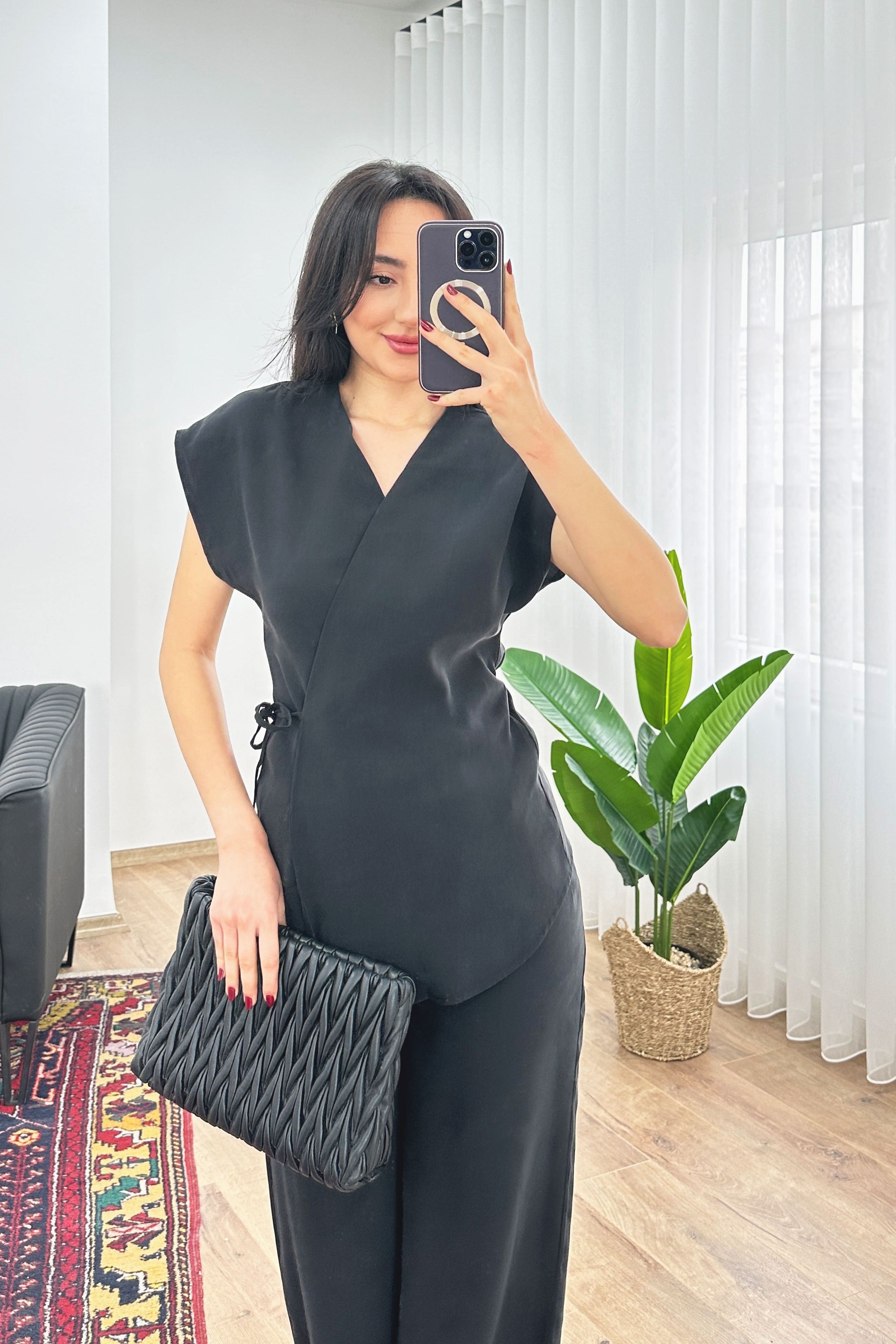 Modal Tek Düğme Kapamalı Oversize Siyah Toptan Takım