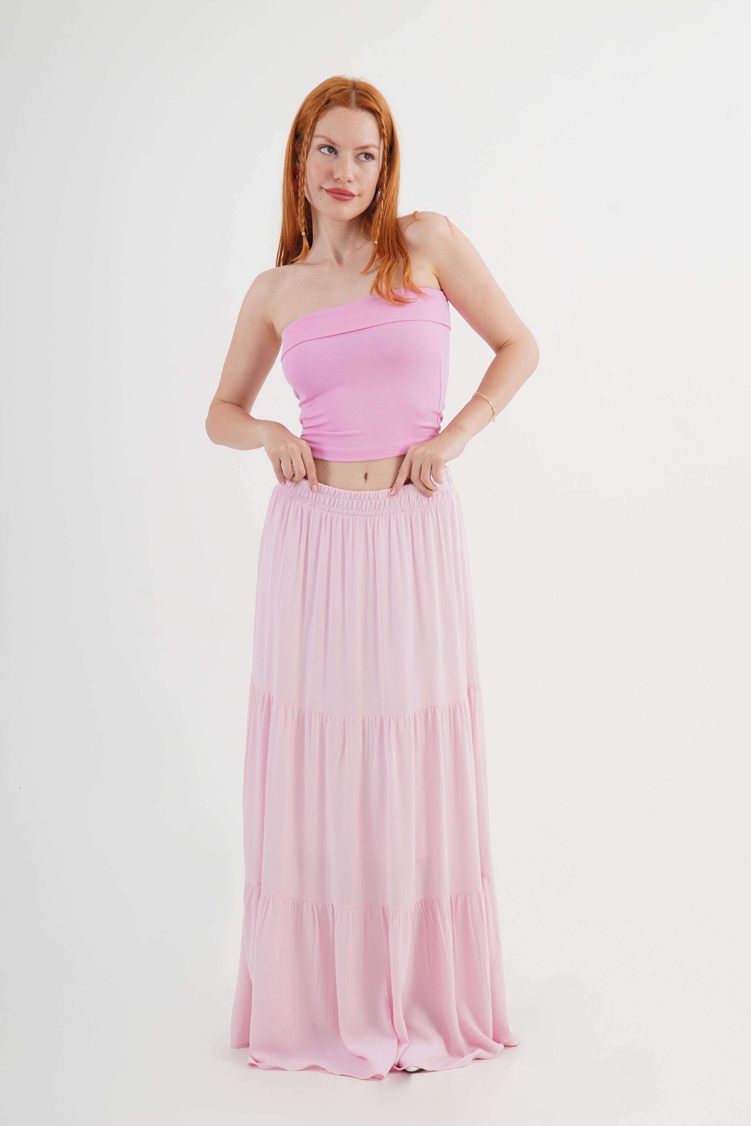 Fırfırlı Uzun Toptan Pembe Etek