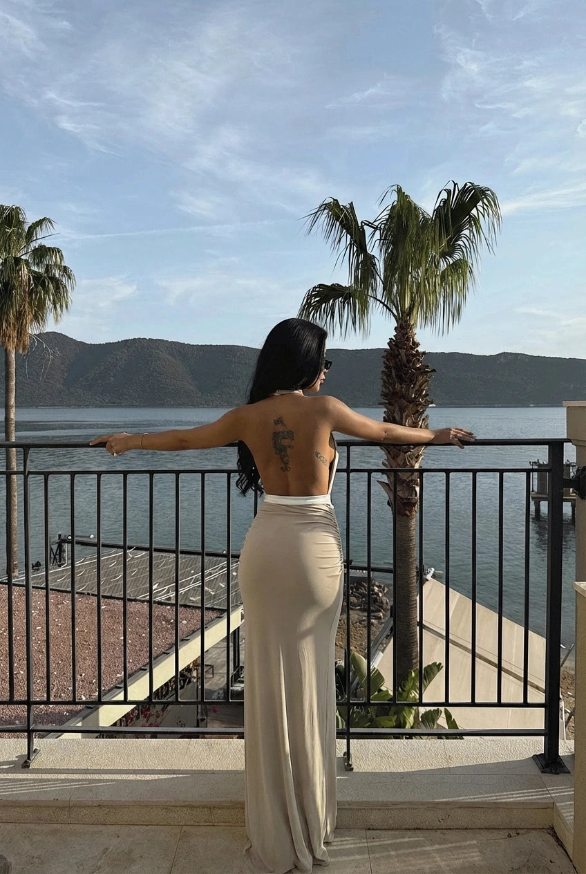 Beige Long Tie-Front Dress