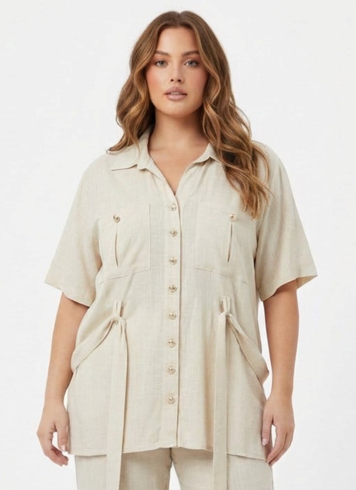Women's Plus Size Jacket and Pants Set with Waist Tie Detail, Beige