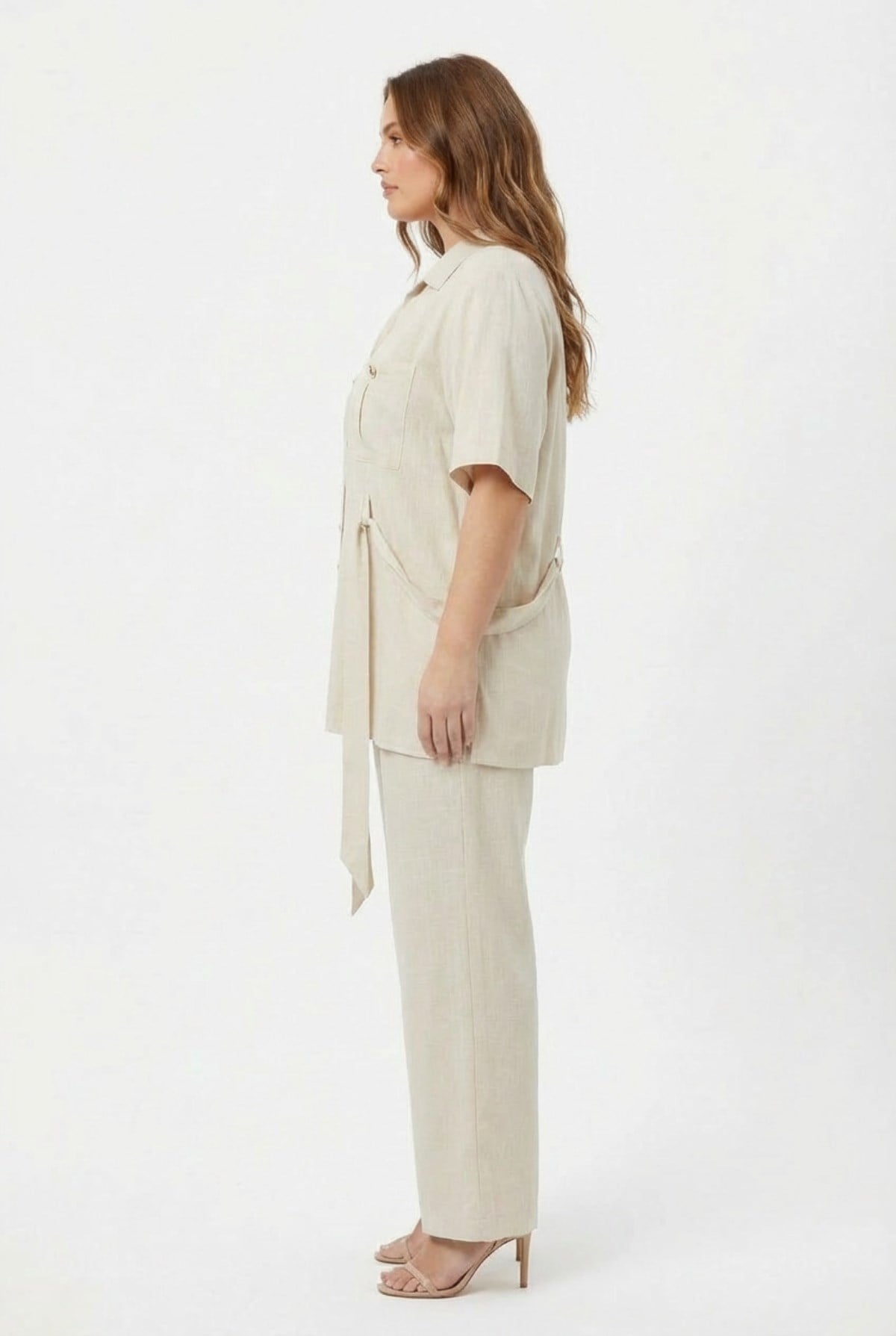 Women's Plus Size Jacket and Pants Set with Waist Tie Detail, Beige
