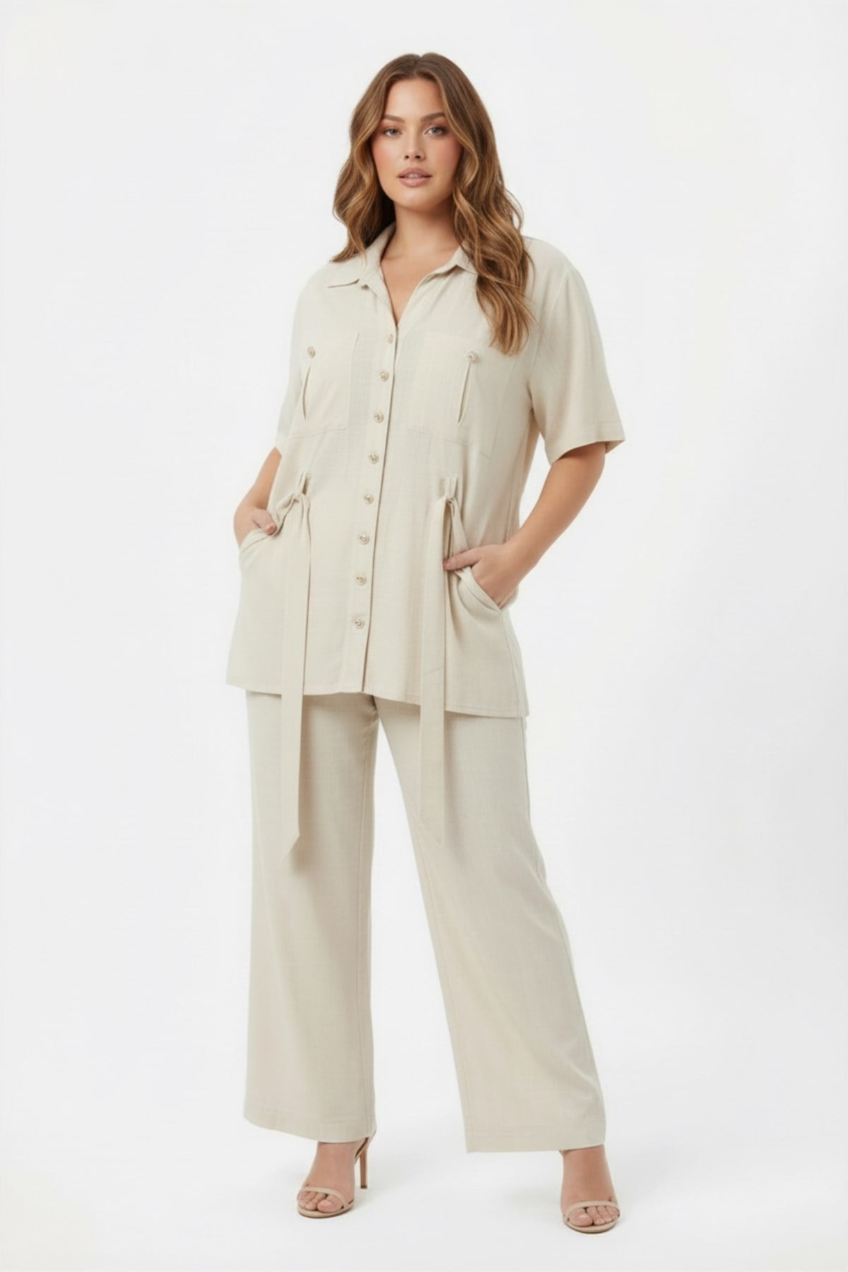 Women's Plus Size Jacket and Pants Set with Waist Tie Detail, Beige