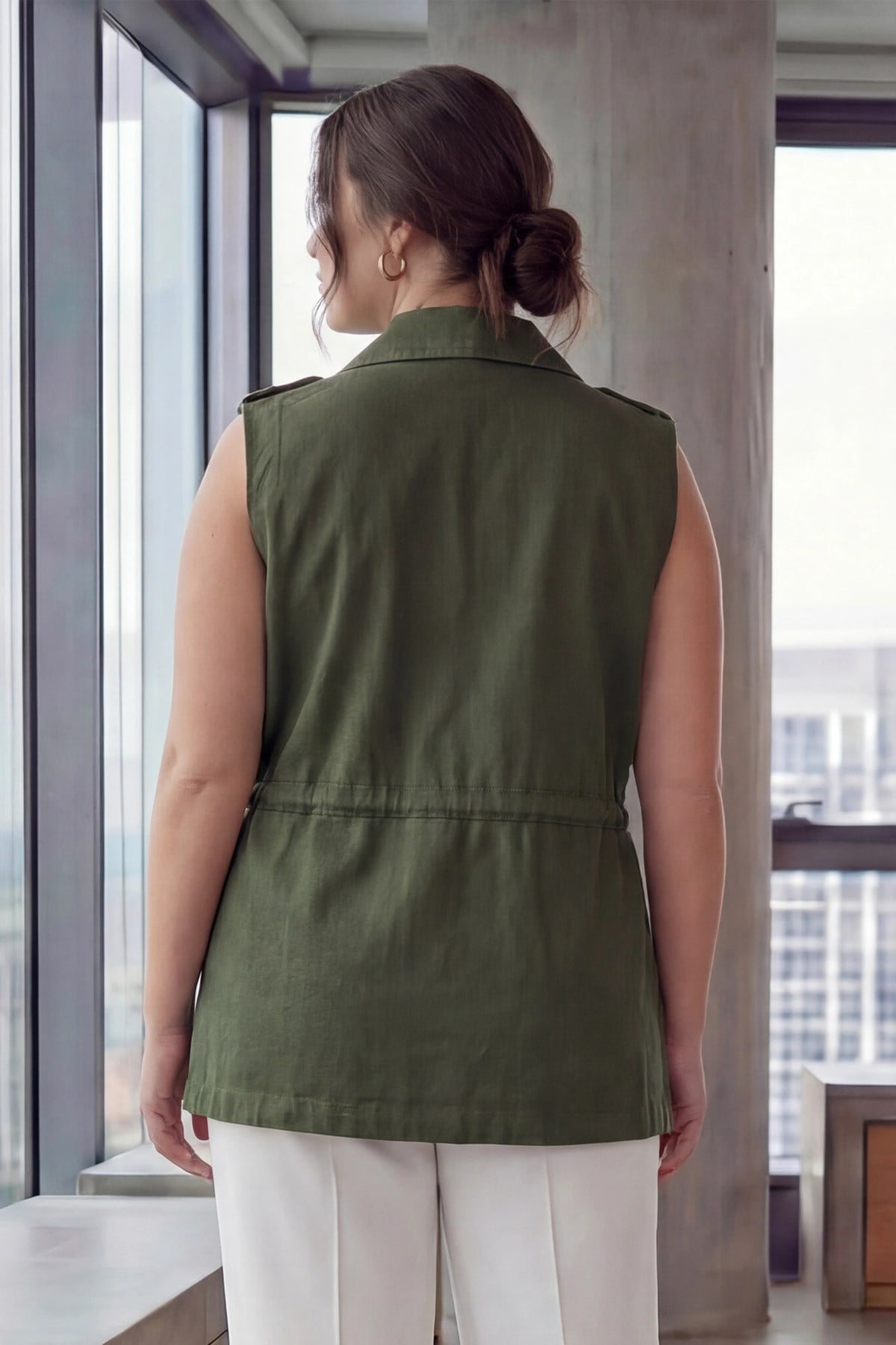 Women's Plus Size Stone-Embellished Vest with Waist Drawstring, Khaki