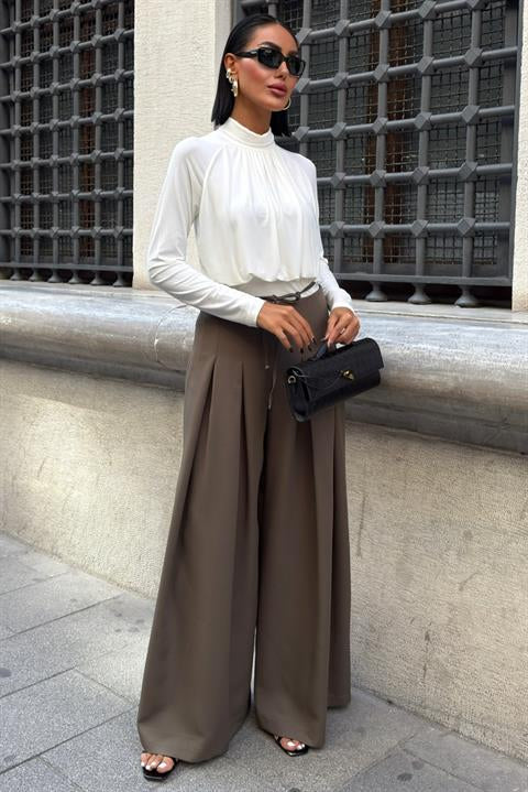 Bel Bağlama Detaylı Pileli Salaş Pantolon 0084