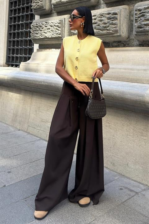 Bel Bağlama Detaylı Pileli Salaş Pantolon 0084