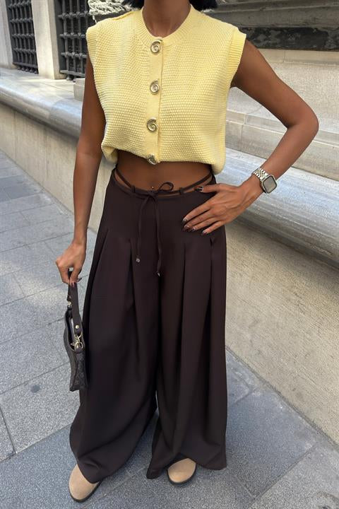 Bel Bağlama Detaylı Pileli Salaş Pantolon 0084