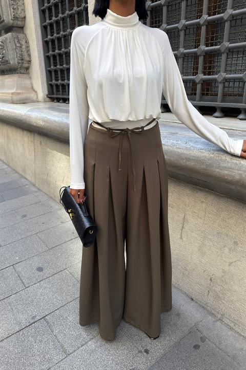 Bel Bağlama Detaylı Pileli Salaş Pantolon 0084