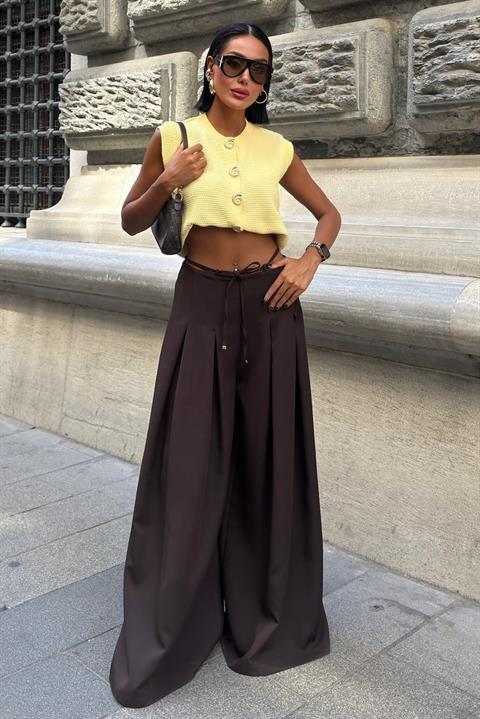 Bel Bağlama Detaylı Pileli Salaş Pantolon 0084