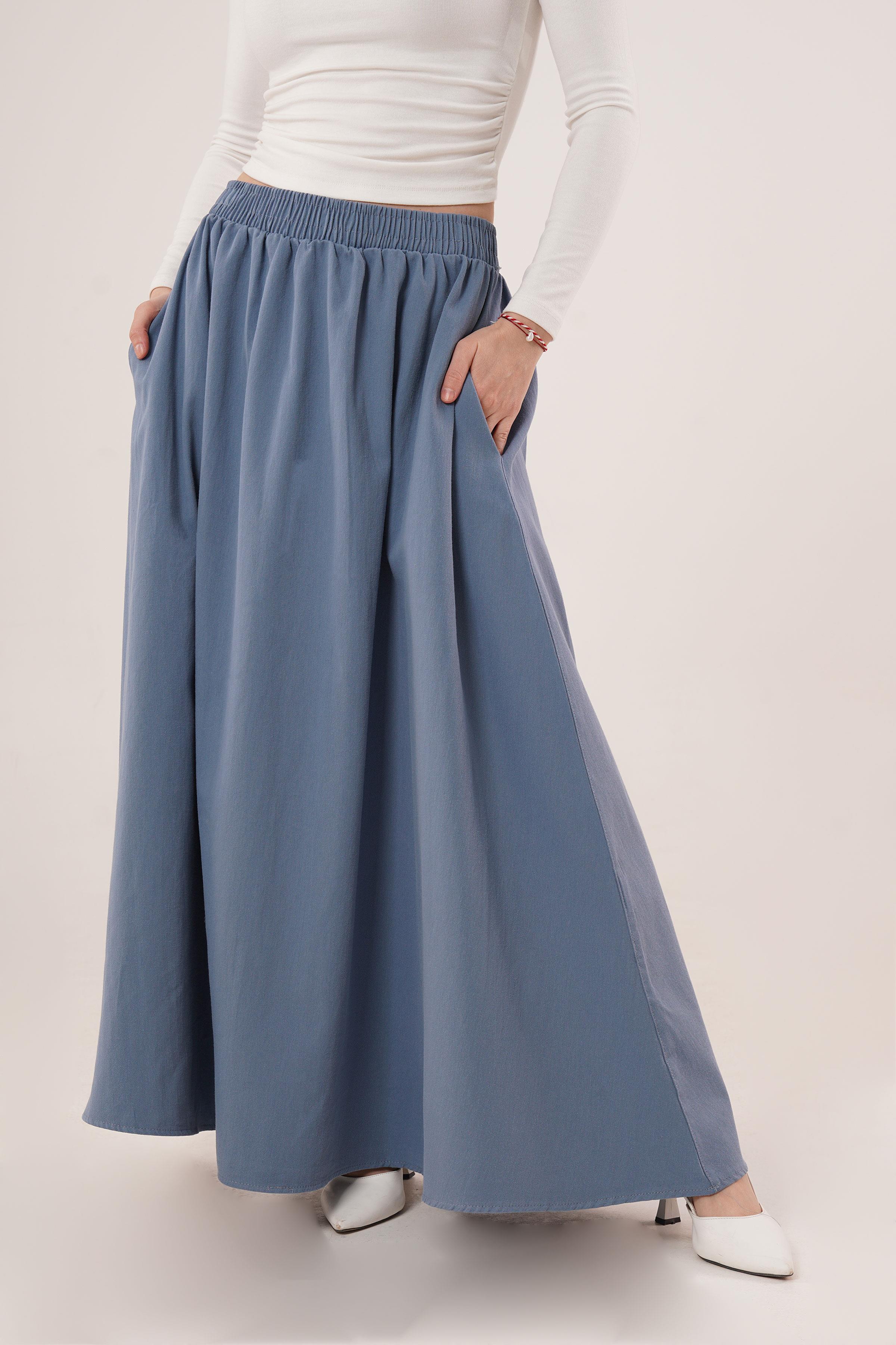 Bel Lastikli Cep Detaylı Uzun Mavi Toptan Etek Mavi S