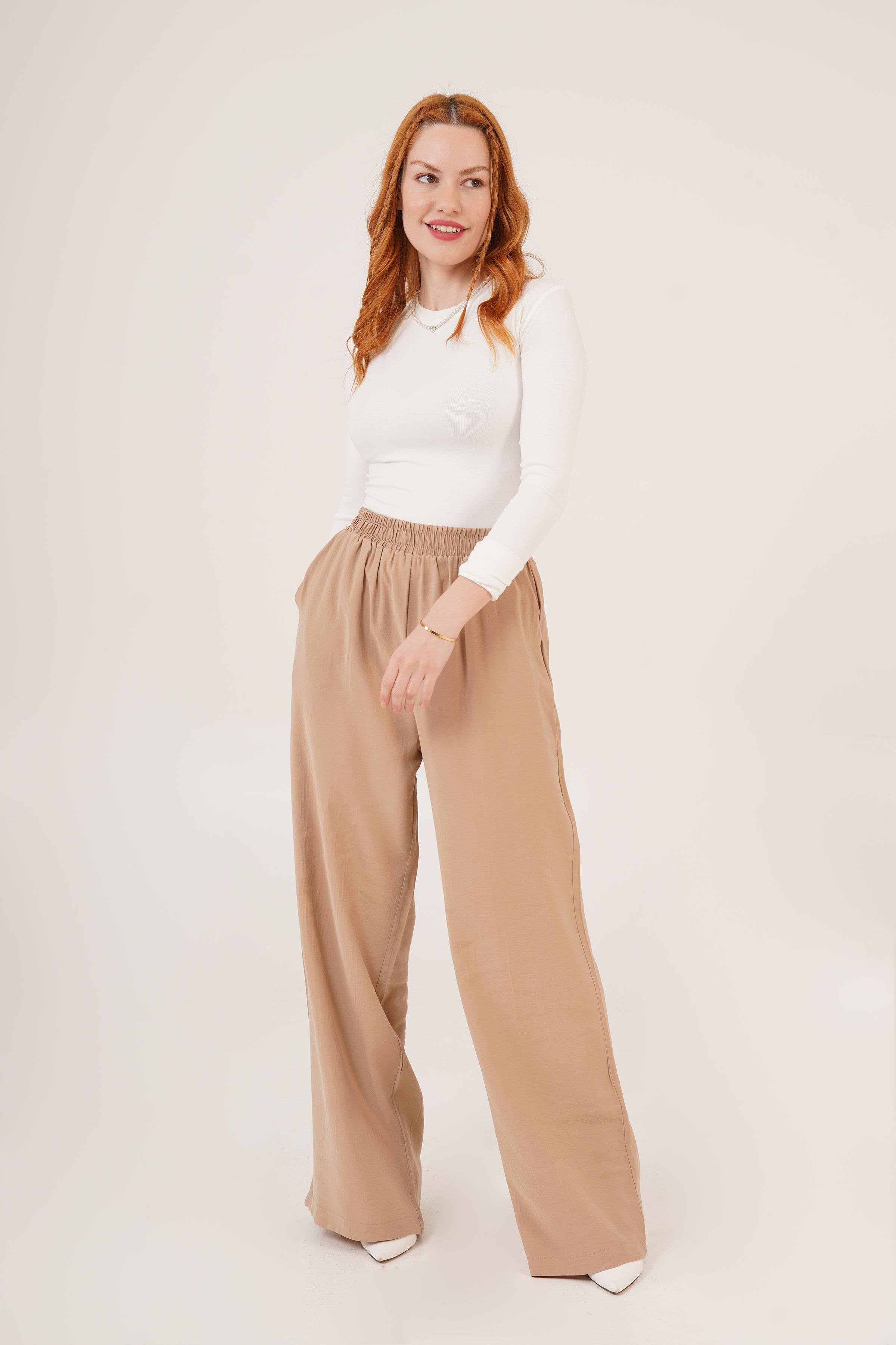 Bel Lastikli Çift Cepli Camel Toptan Pantolon