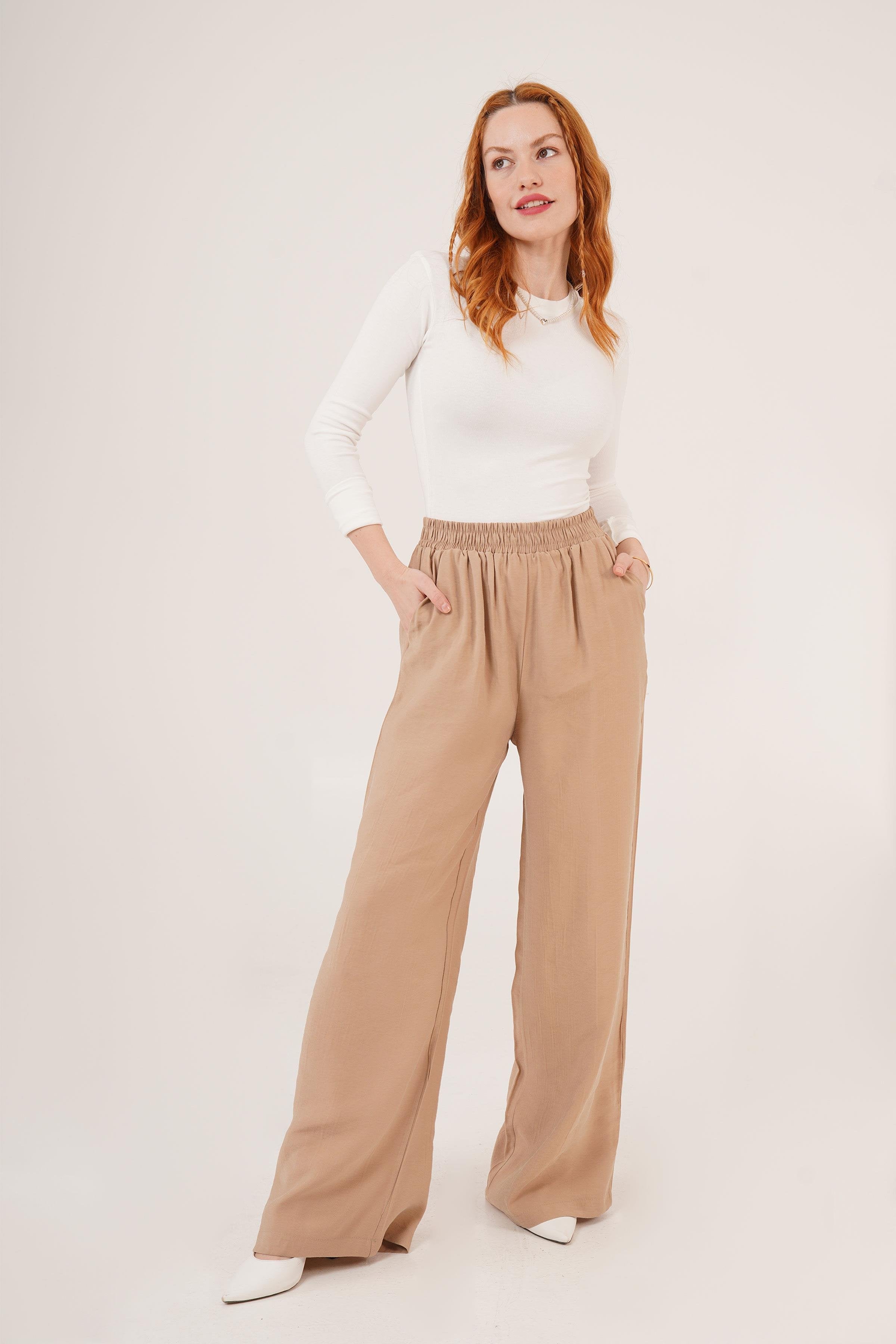 Bel Lastikli Çift Cepli Camel Toptan Pantolon