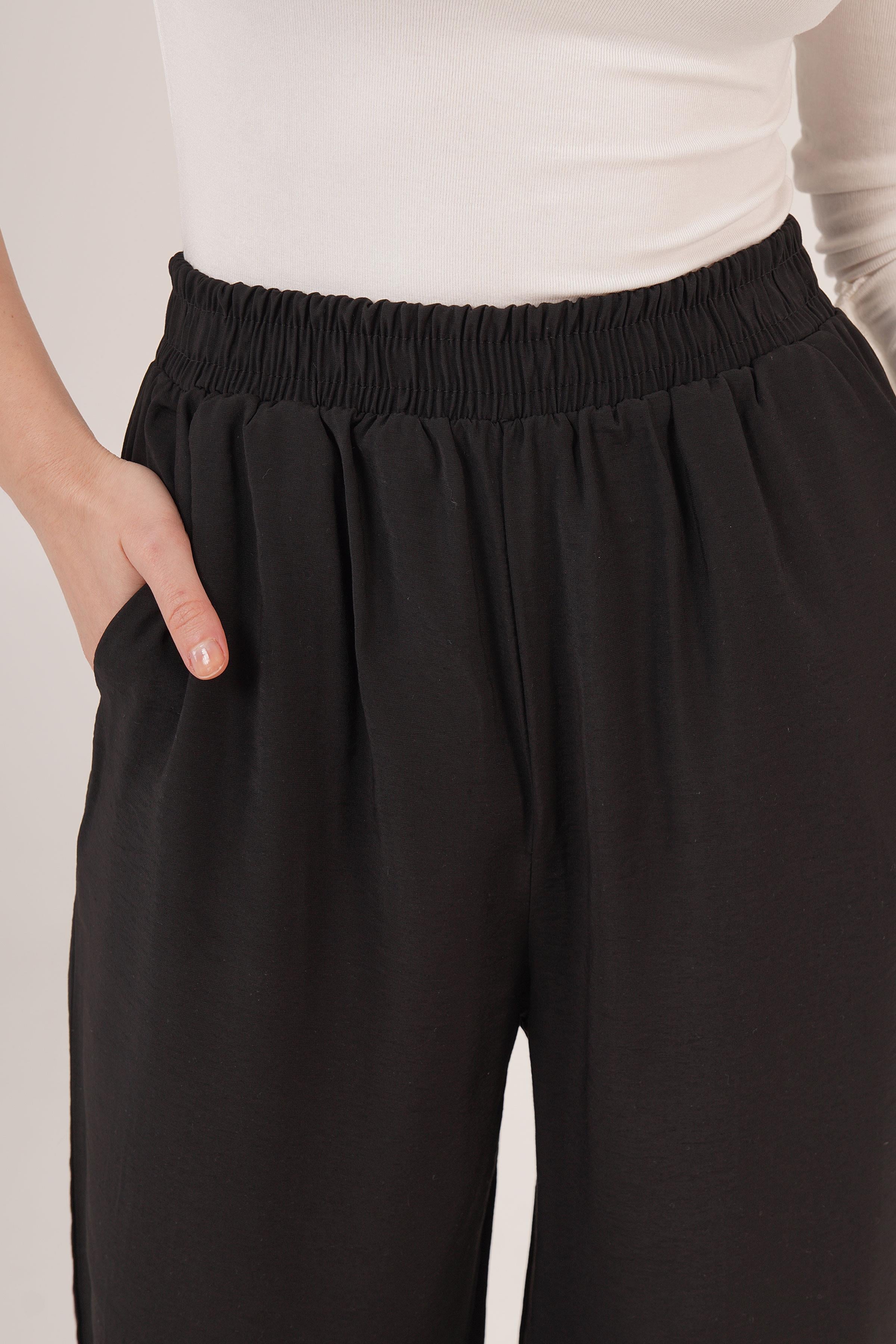 Bel Lastikli Çift Cepli Siyah Toptan Pantolon