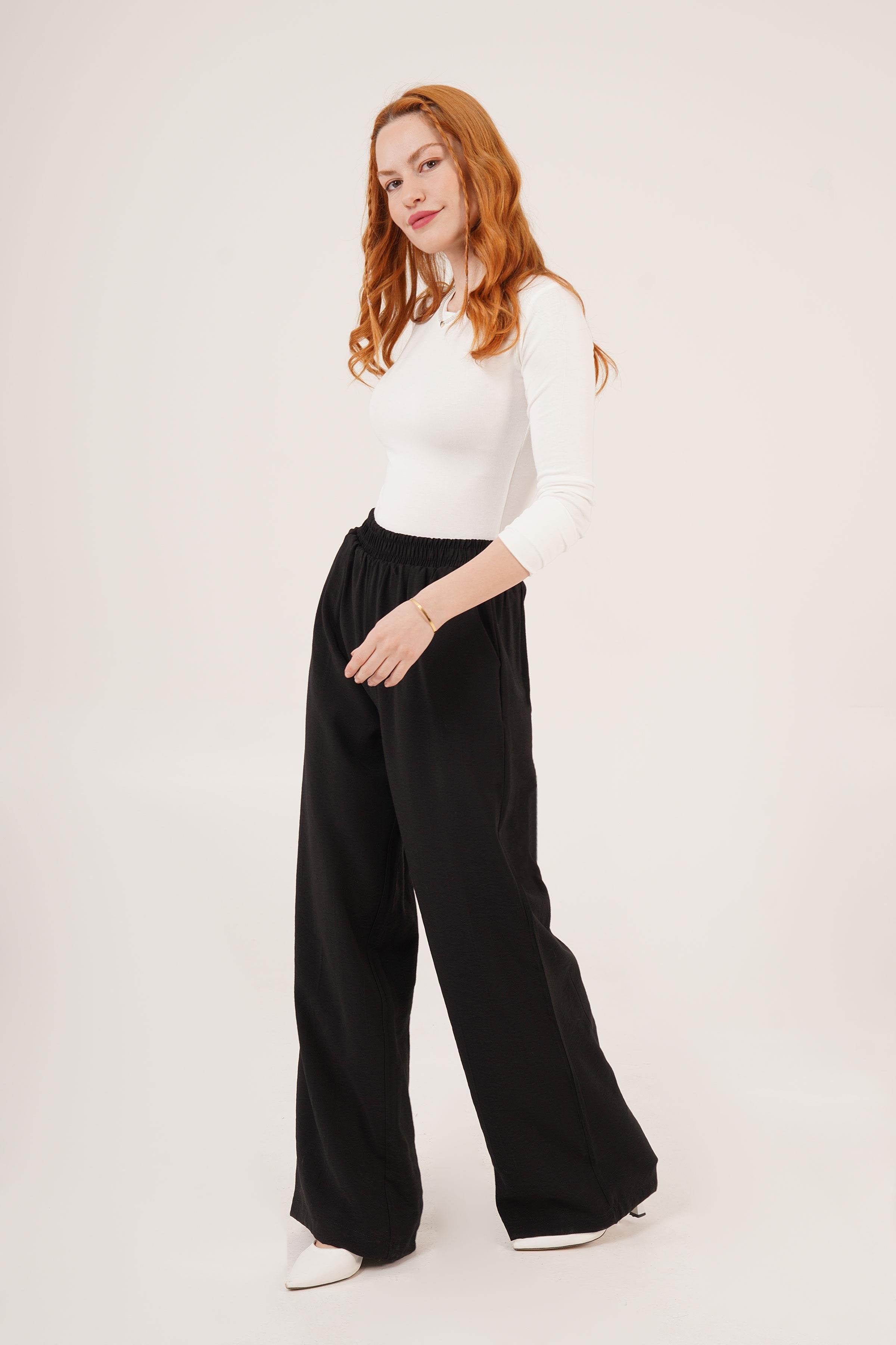 Bel Lastikli Çift Cepli Siyah Toptan Pantolon