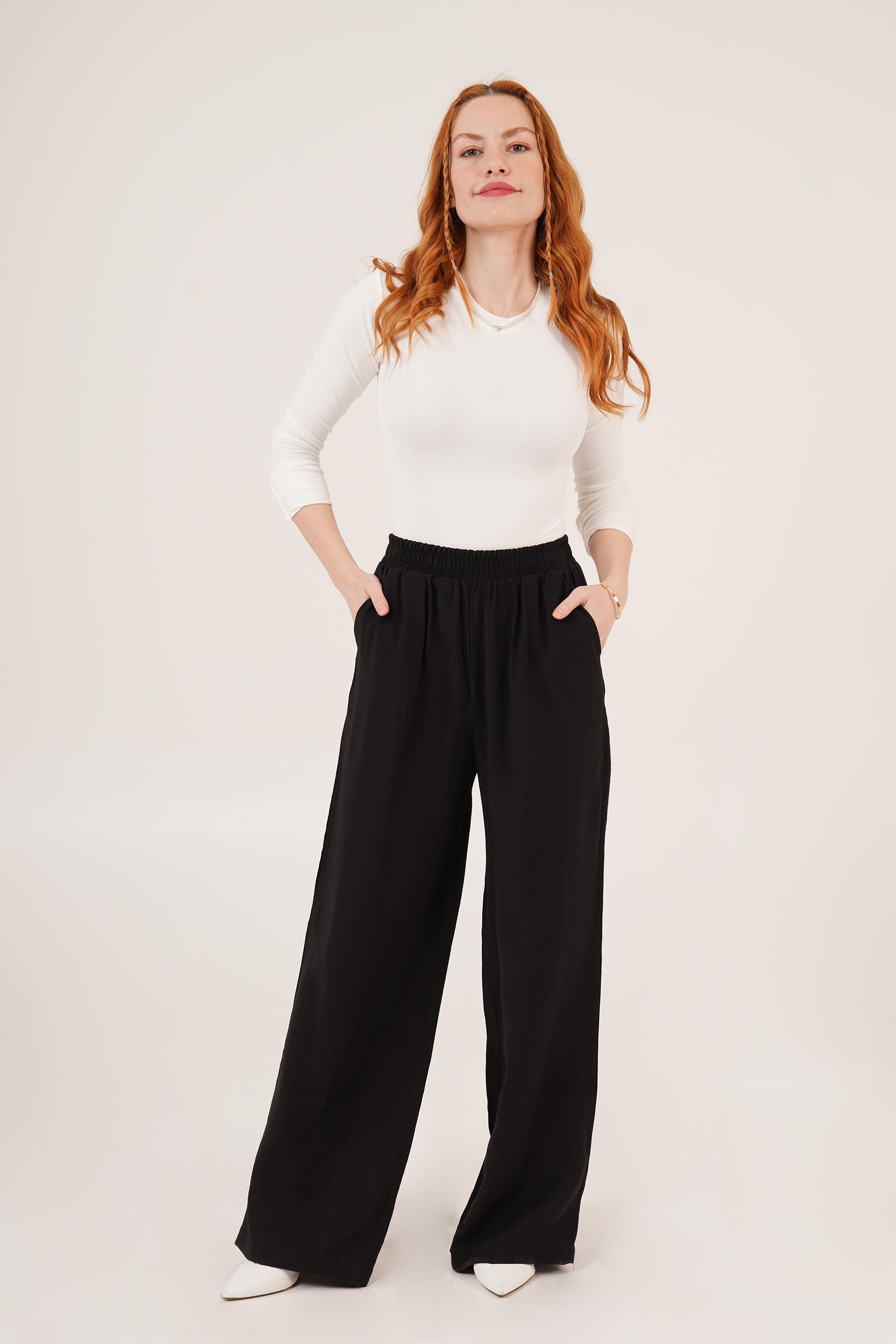 Bel Lastikli Çift Cepli Siyah Toptan Pantolon