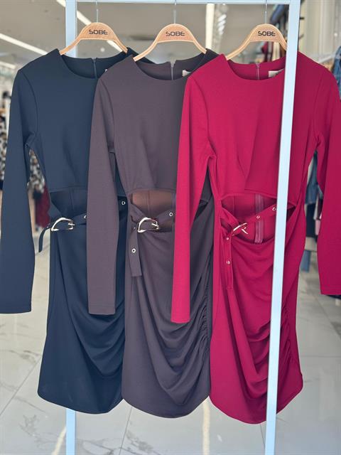 Beli Dekolte ve Kemer Detaylı Sandy Elbise 2917