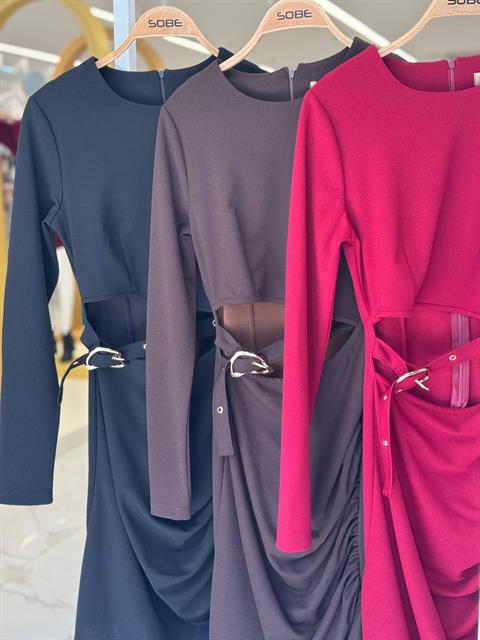 Beli Dekolte ve Kemer Detaylı Sandy Elbise 2917
