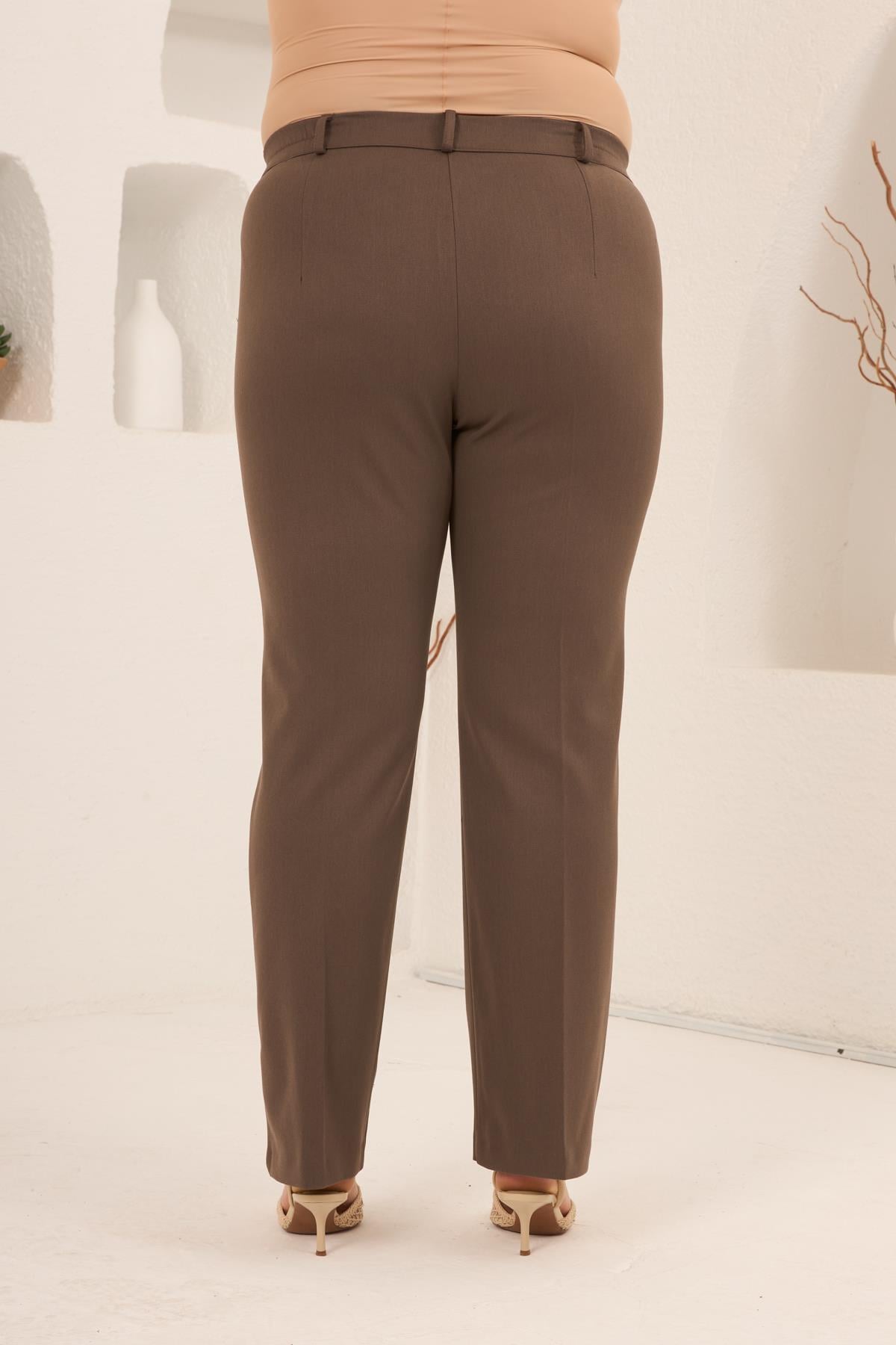 Beli Lastikli Büyük Beden Gabardin Geniş Paça Pantolon Vizon