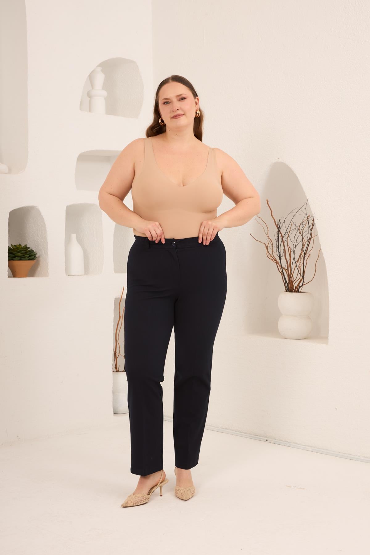 Beli Lastikli Büyük Beden Gabardin Geniş Paça Pantolon Lacivert