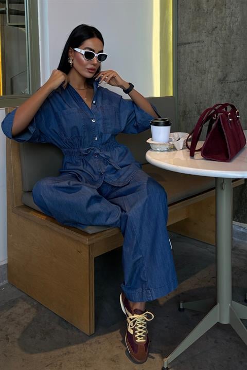 Beli Lastikli ve Kuşaklı Denim Takım 10021
