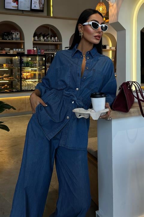 Beli Lastikli ve Kuşaklı Denim Takım 10021