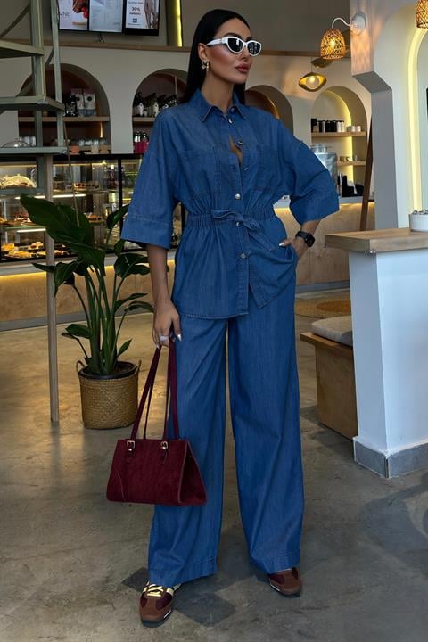 Beli Lastikli ve Kuşaklı Denim Takım 10021