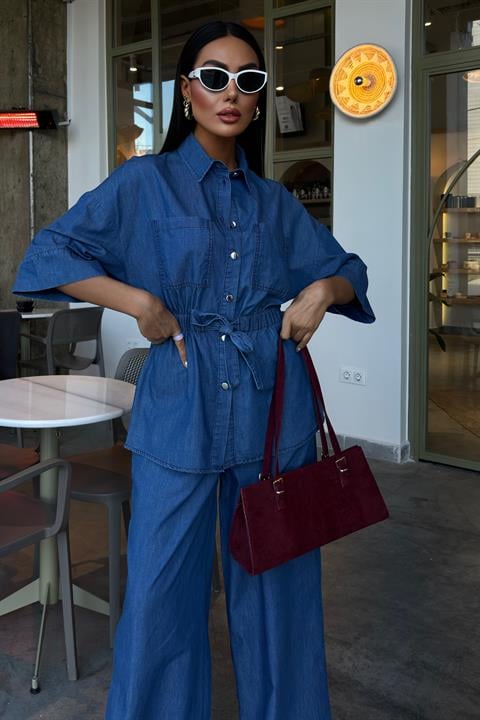 Beli Lastikli ve Kuşaklı Denim Takım 10021